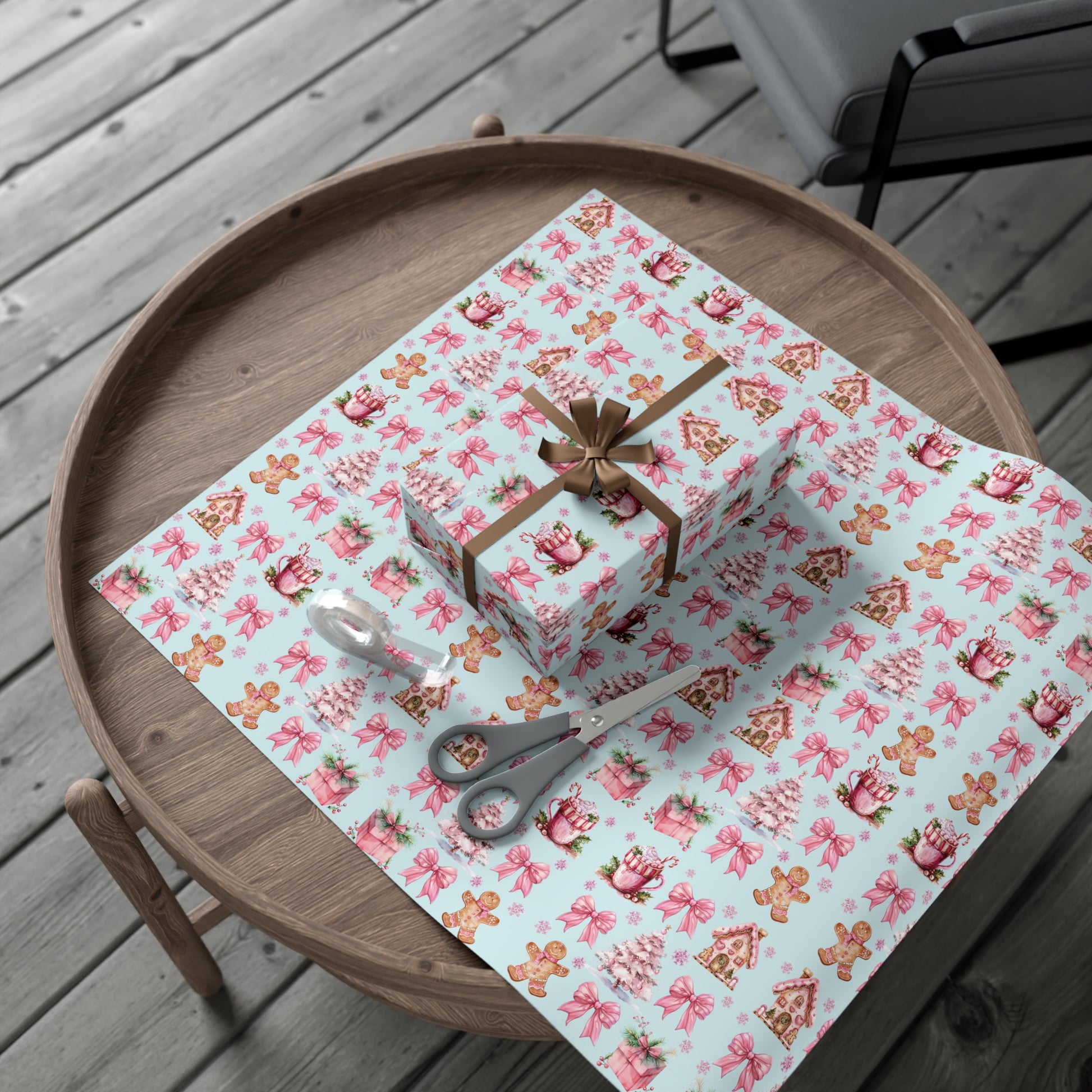 Coquette Pink Gingerbread House Man Wrapping Paper with Adorable Pink Bows Perfect for Whimsical Christmas Gift Wrap | Festive Holiday Present Wrapping Sheets - MRSBYVALLE