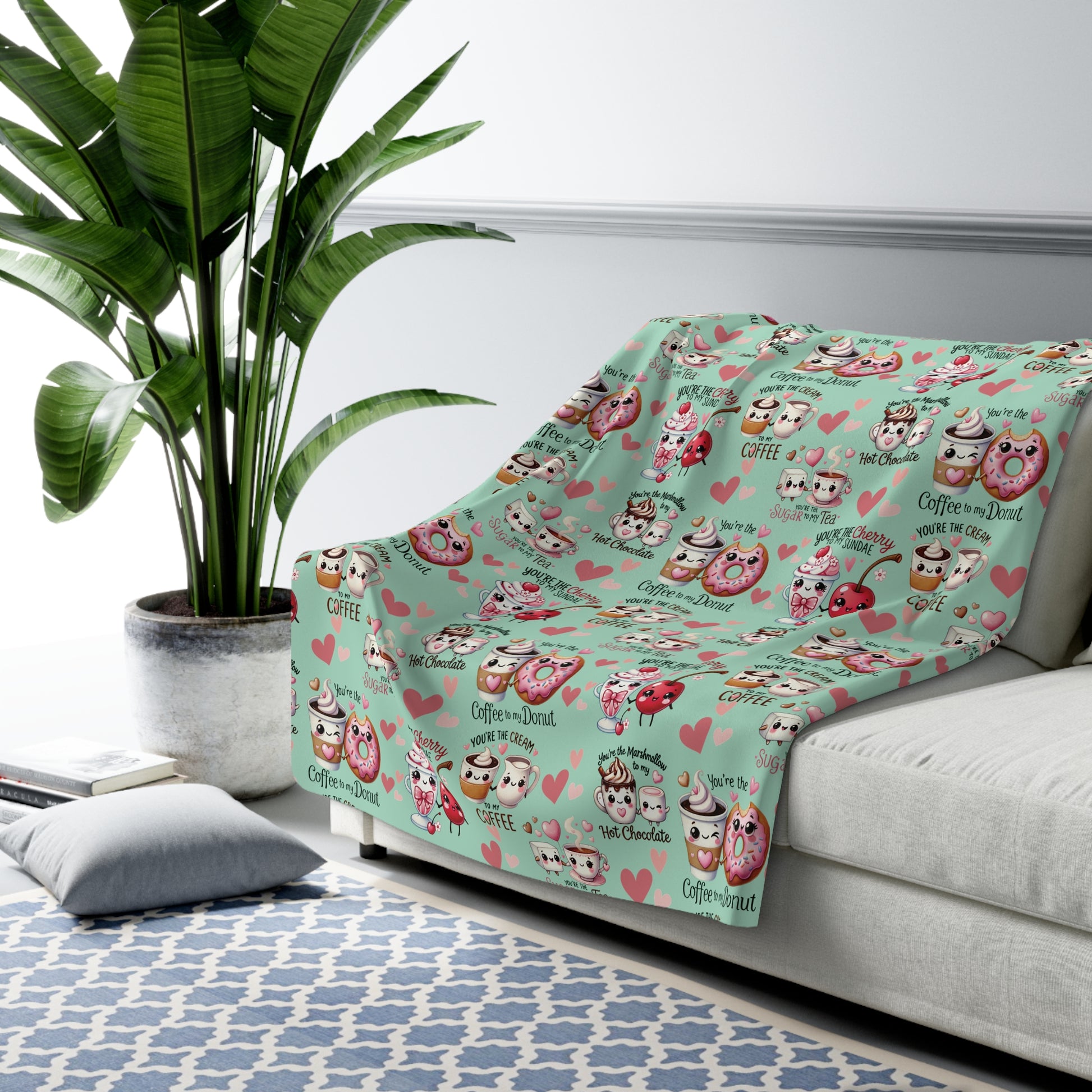 Sherpa Fleece Blanket Snuggle Up with Kawaii Charm Featuring Cute Coffee Donuts – 'You're My Cream to My Coffee' Perfect for Cozy Moments & Gift Giving