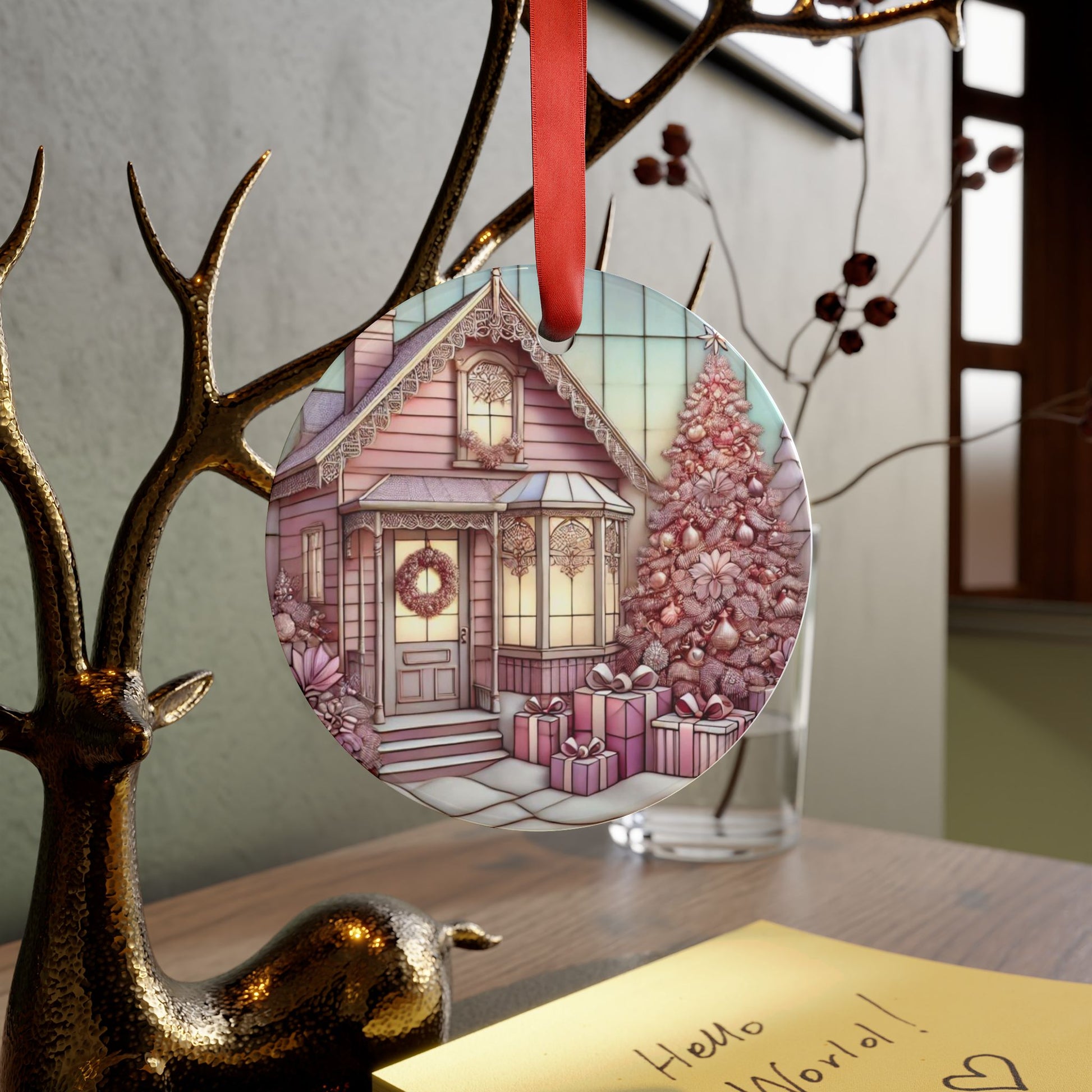 Vintage Pink Christmas House Ornament - Acrylic with Ribbon Perfect Holiday Decor, Unique Christmas Gift Idea, Pastel Holiday Decoration, Cozy Home Tree Design - MRSBYVALLE