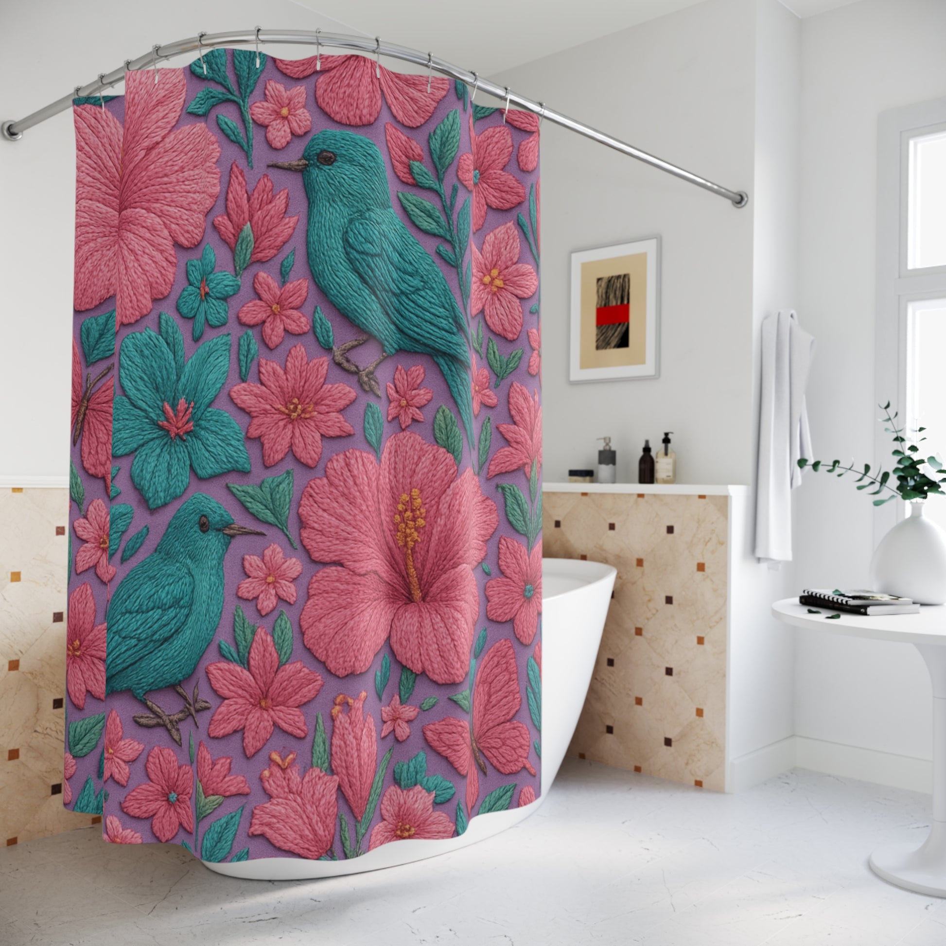 Luxury 3D Embroidery Illusion Shower Curtain – Turquoise, Pink & Lavender Tropical Flowers with Birds & Butterflies for Elegant Spa-Inspired Bathrooms