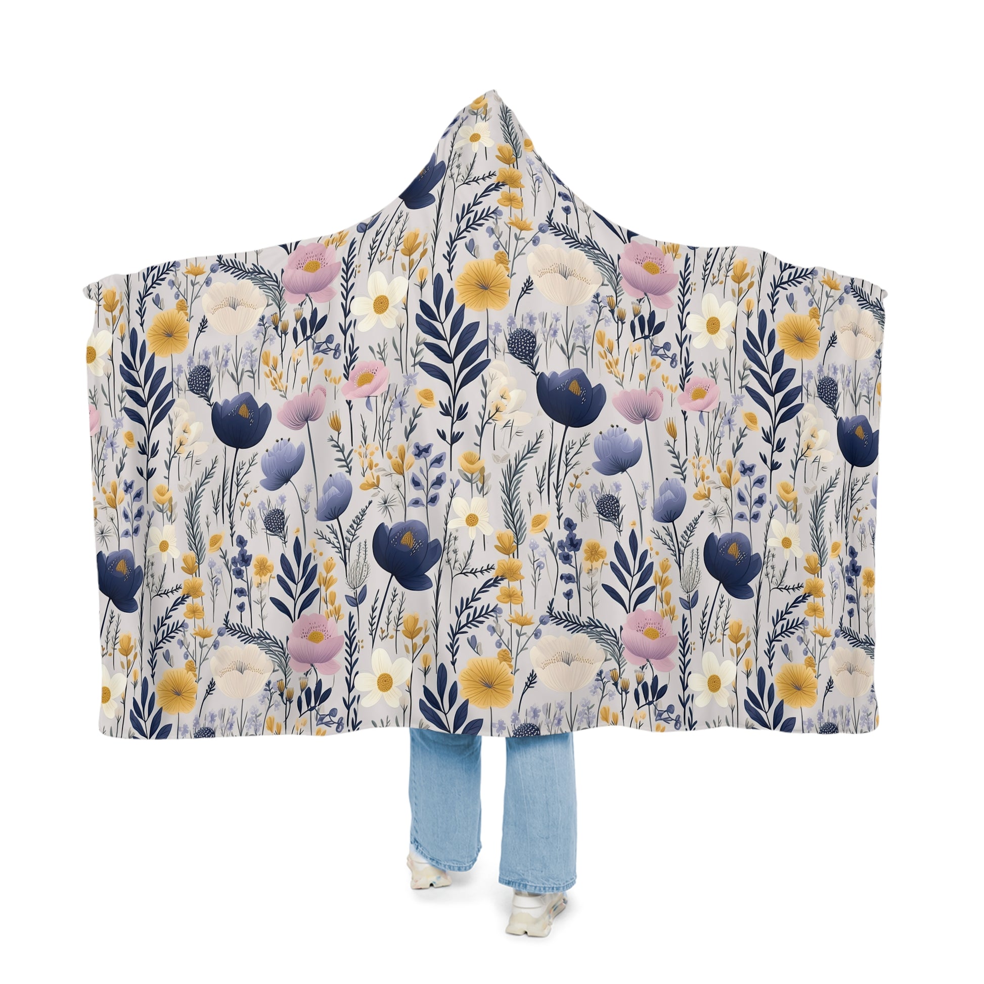 Blue & Yellow Floral Hooded Blanket – 3D Illusion Cozy Throw, Soft Sherpa Gift for Her, Warm Winter Blanket for Couch or Bed Gift Idea