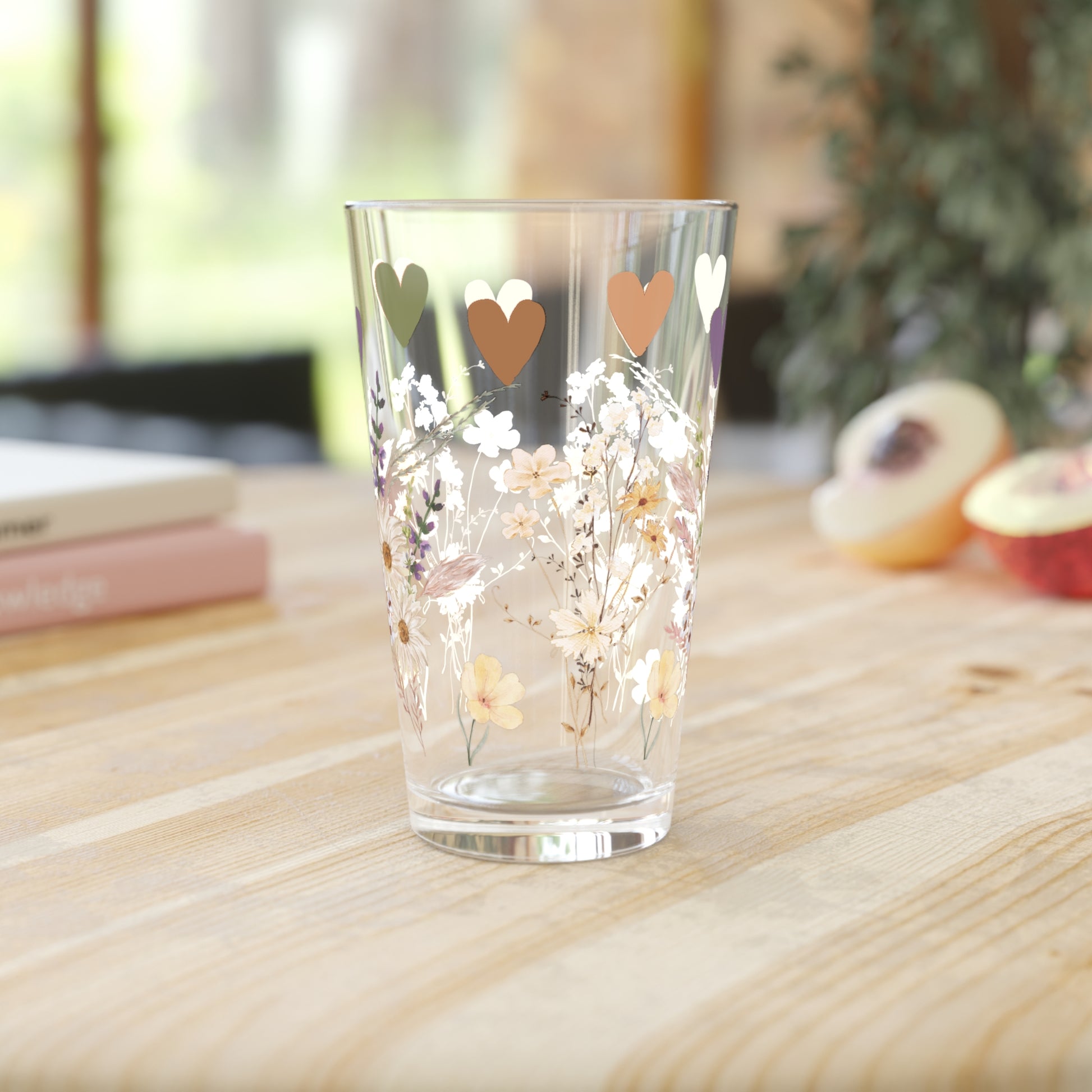 Boho Wildflowers & Hearts 16oz Pint Glass – Floral Aesthetic Glassware for Water, Juice & More | Stylish & Unique Gift for Nature & Boho Lovers