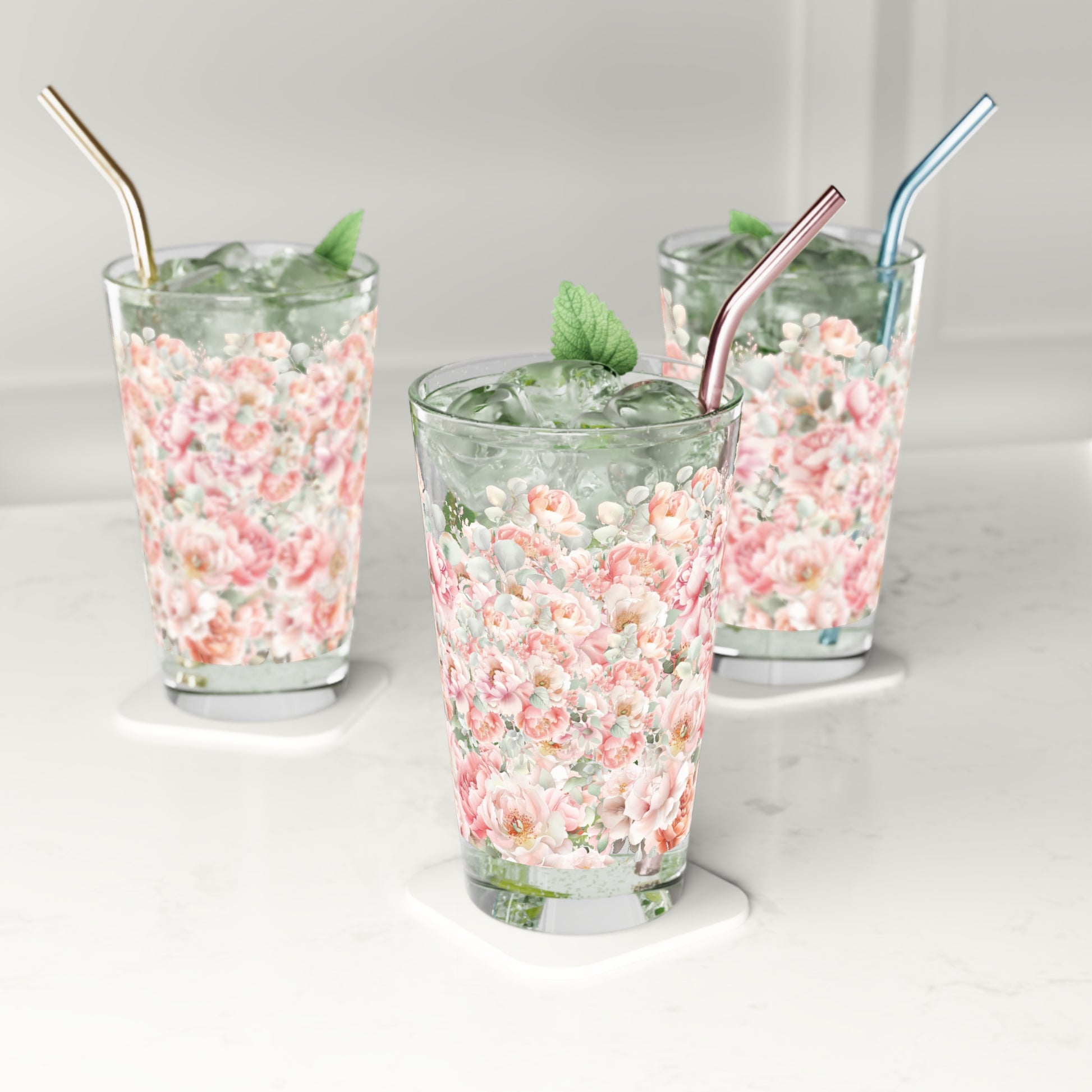 Floral Pink and Mint 16oz Pint Glass - Elegant Drinkware for Home Bar, Durable Glassware with Vibrant Design, Perfect Gift for Floral and Pastel Lovers - MRSBYVALLE