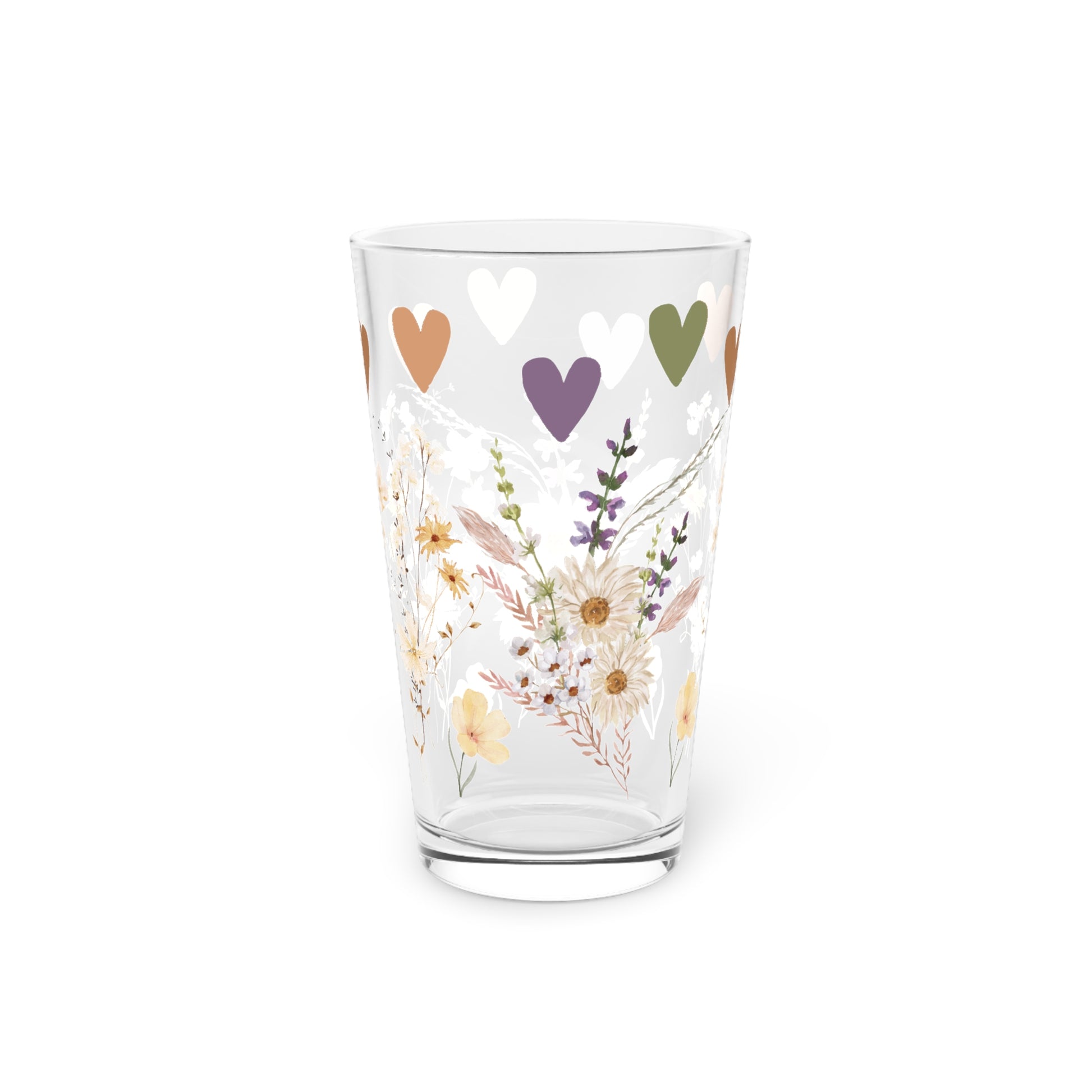 Boho Wildflowers & Hearts 16oz Pint Glass – Floral Aesthetic Glassware for Water, Juice & More | Stylish & Unique Gift for Nature & Boho Lovers