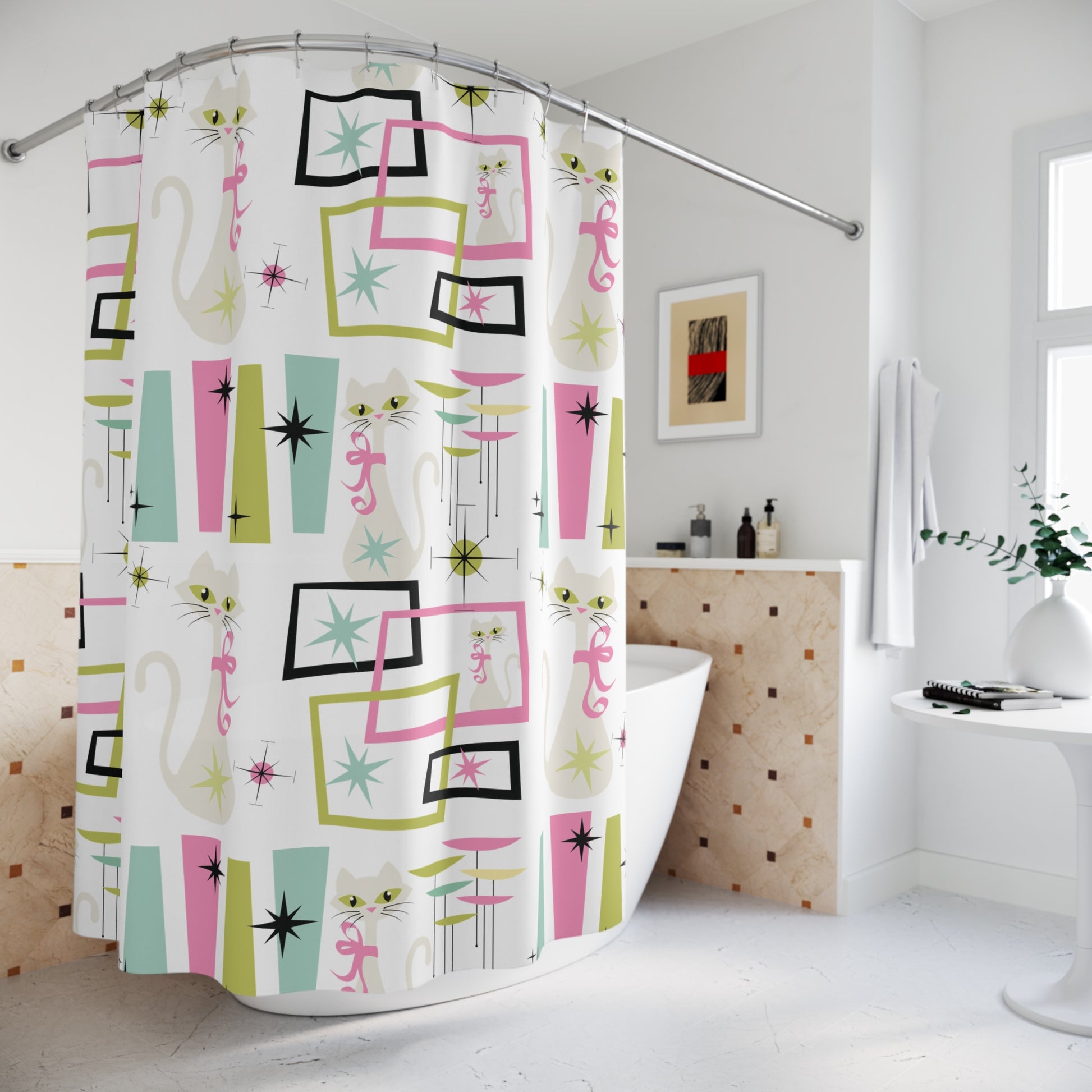 Pastel Atomic Kitty Cats Shower Curtain – Mid-Century Modern 50s Retro Vibes, Playful & Stylish for a Chic Bathroom Upgrade Housewarming Gift