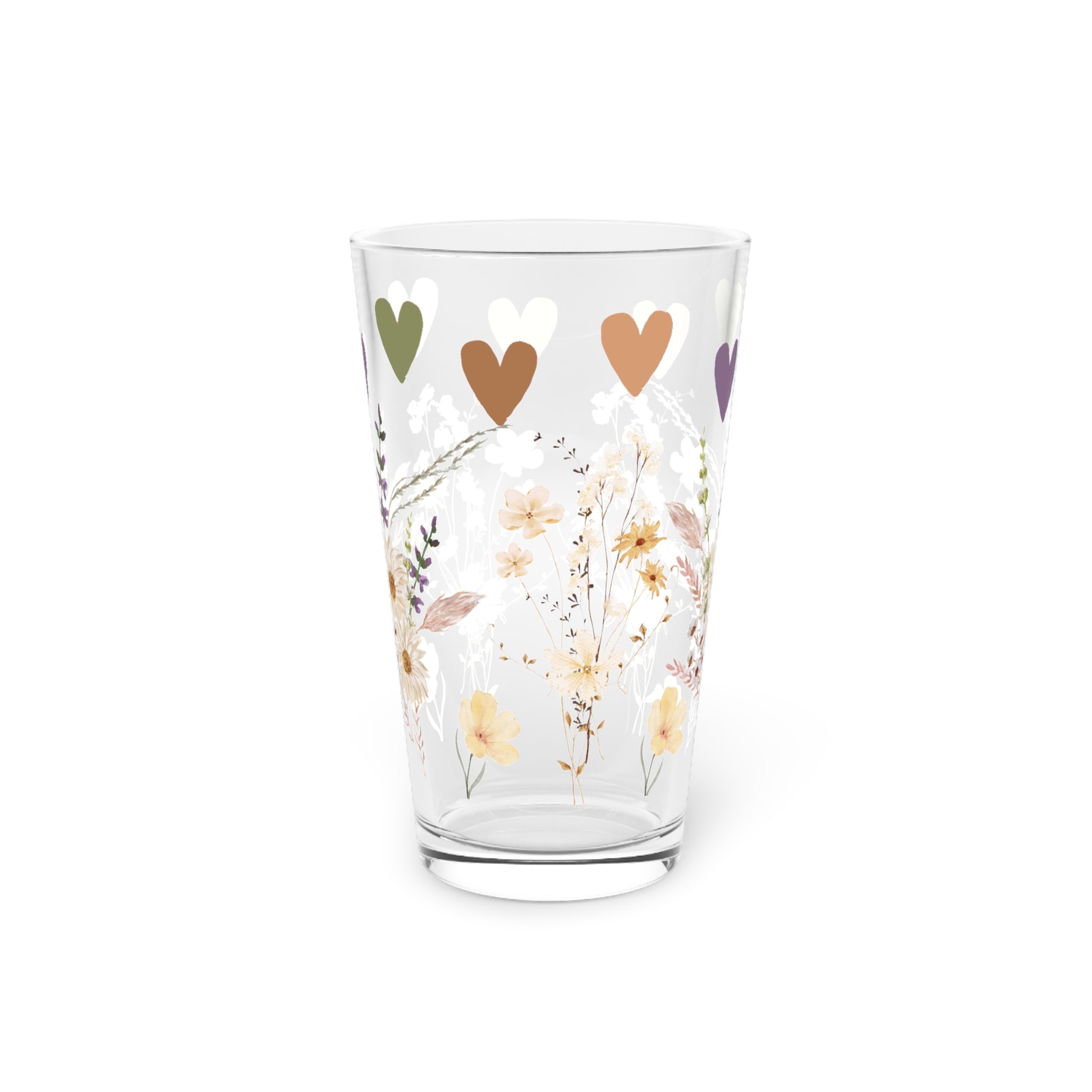 Boho Wildflowers & Hearts 16oz Pint Glass – Floral Aesthetic Glassware for Water, Juice & More | Stylish & Unique Gift for Nature & Boho Lovers