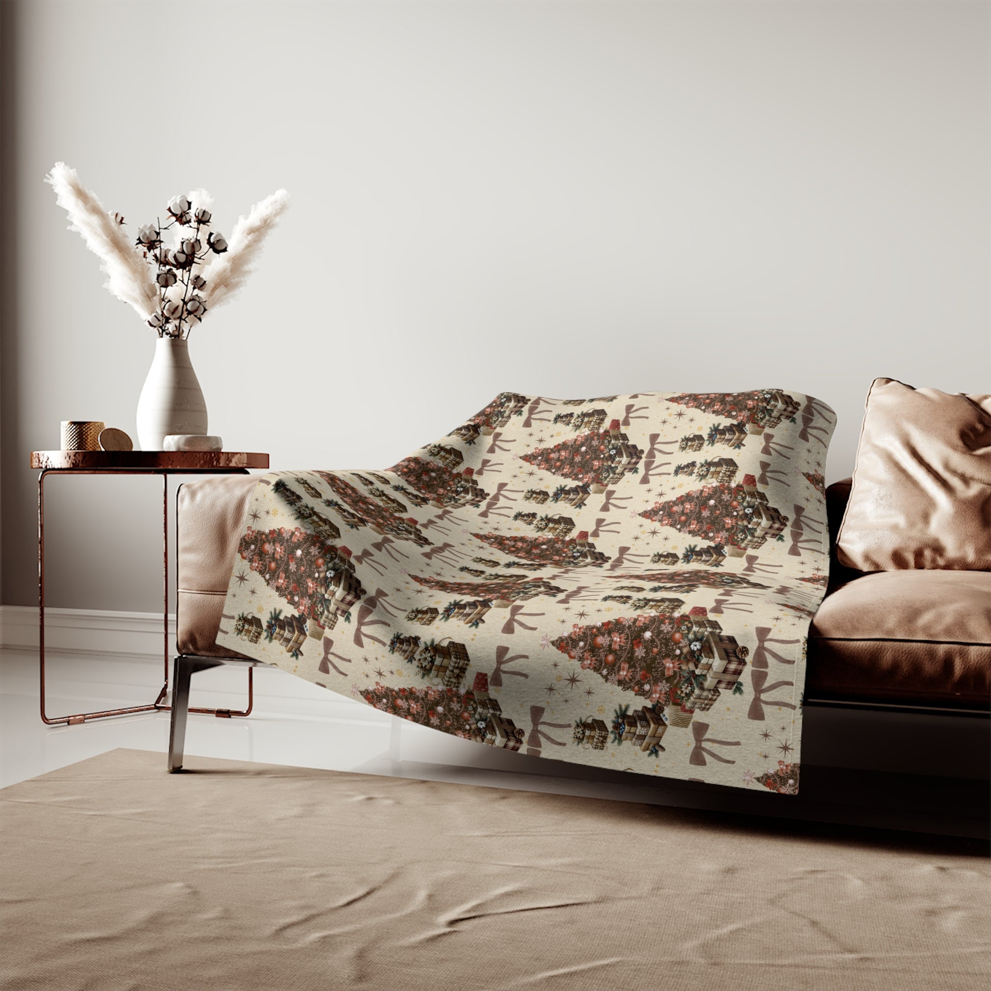 Cozy Brown Christmas Blanket | Soft Holiday Sweatshirt Throw with Tree Pattern