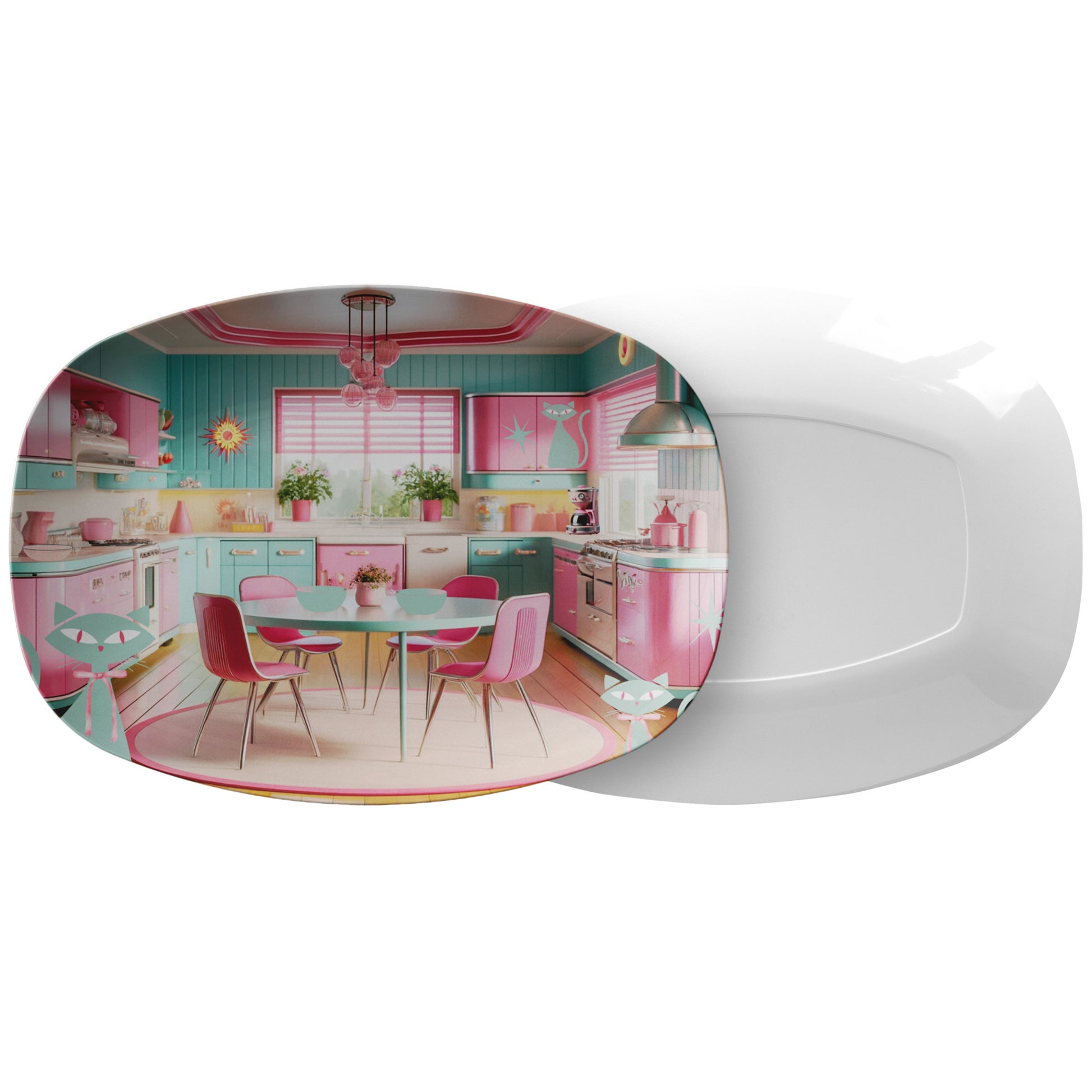 Atomic Kitty Cat, Mid Century Modern 50's Aqua, Pink MCM Kitchen Party Platter Housewarming Gift - MRSBYVALLE