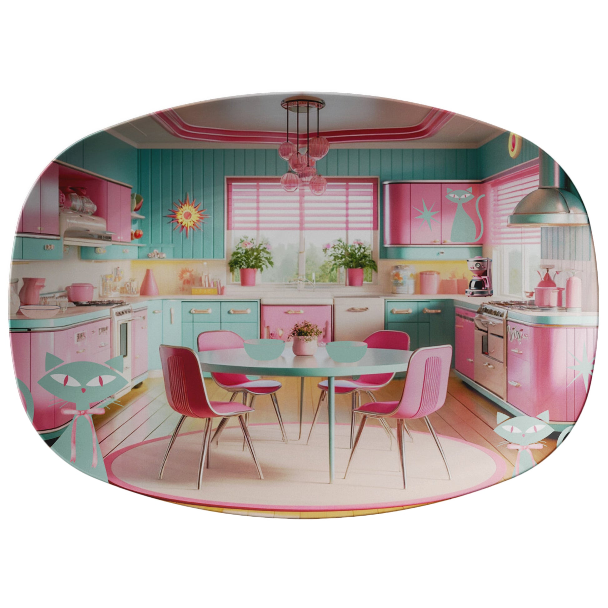 Atomic Kitty Cat, Mid Century Modern 50's Aqua, Pink MCM Kitchen Party Platter Housewarming Gift - MRSBYVALLE