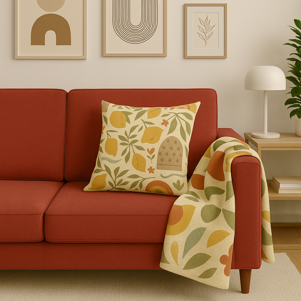 Boho Lemon Grove Blanket Cozy Knit Throw Featuring Hand-Drawn Lemons, Olive Leaves & Soft Waves in Earthy Tones, Perfect for Warmth & Style Year-Round