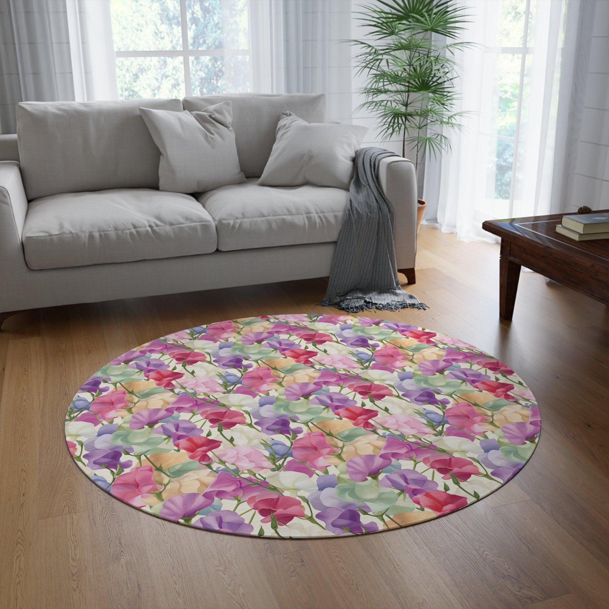 Vibrant Pink Purple Blue Boho Chic Botanical Leaf 60x60 Round Rug Nature-Inspired Charm to Any Room Housewarming Gift Newlywed New House Rug interior Designer - MRSBYVALLE