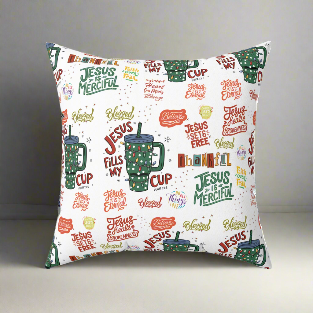 Coussin carré "Jesus Fills My Cup" – Verset biblique inspirant et affirmation chrétienne – Coussin décoratif pour la maison ou le bureau – Cadeau pour pasteur