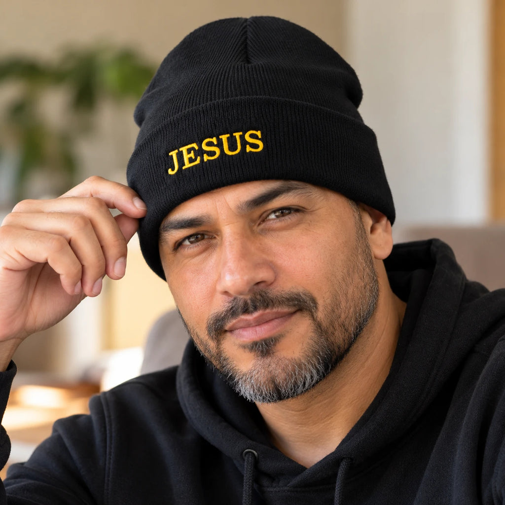 Christian Embroidered Beanie, Jesus, Blessed or Faith Cuffed Knit Winter Hat