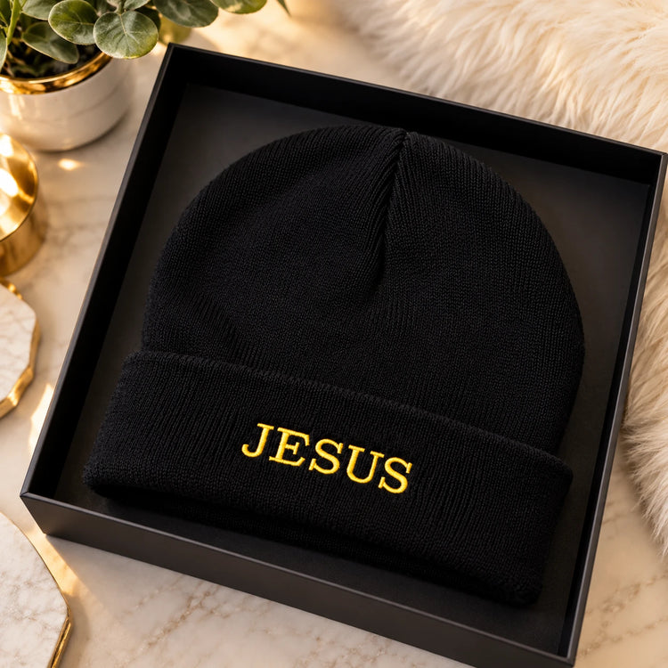 Christian Embroidered Beanie, Jesus, Blessed or Faith Cuffed Knit Winter Hat