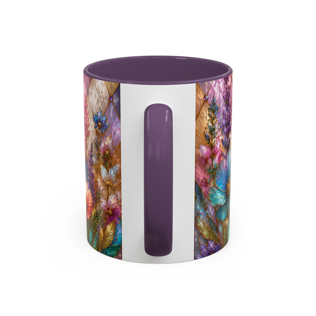 Floral Mosaic Accent Coffee Mug — Colorful Garden Flowers 11/15oz Stain Glass Illusion