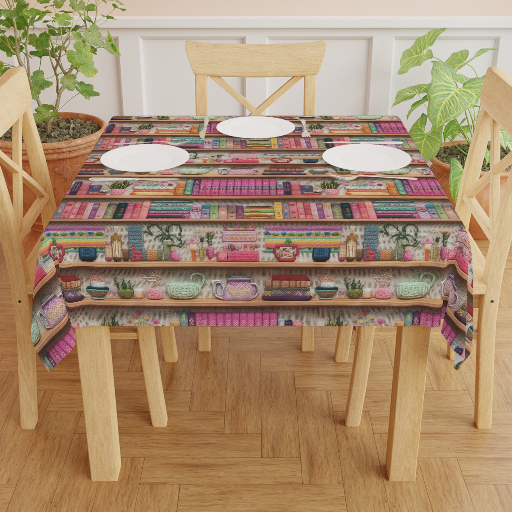 Enchanting 3D Embroidery Illusion Books on Pastel Shelves Tablecloth Ideal Decor for Literary Enthusiasts (55.1"x55.1") | 100% Polyester | Soft & Lightweight | Unique Holiday Table Deco Perfect Gift for Housewarming, Parties,  all Events and Occasions - MRSBYVALLE