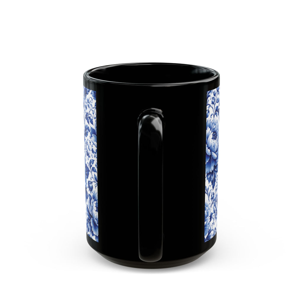 Blue Floral Porcelain Pattern Mug Elegant Black Ceramic Coffee Cup (11oz/15oz) Blue & White Chinoiserie Tea Cup