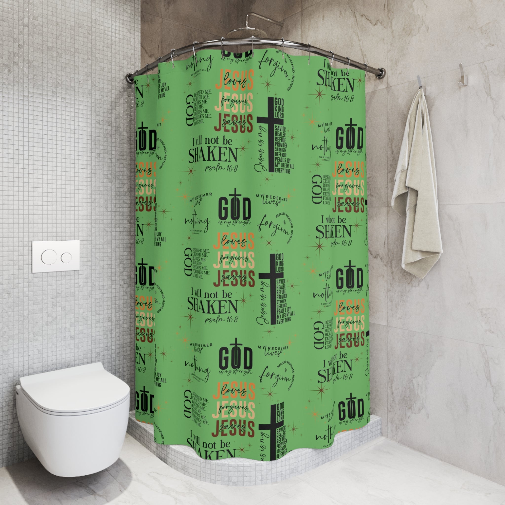 Jesus Quotes All-Over Scripture Shower Curtain Christian Bathroom Decor, Bible Verses, Inspirational Faith Words, Waterproof, Machine Washable Style Hooks Not Included