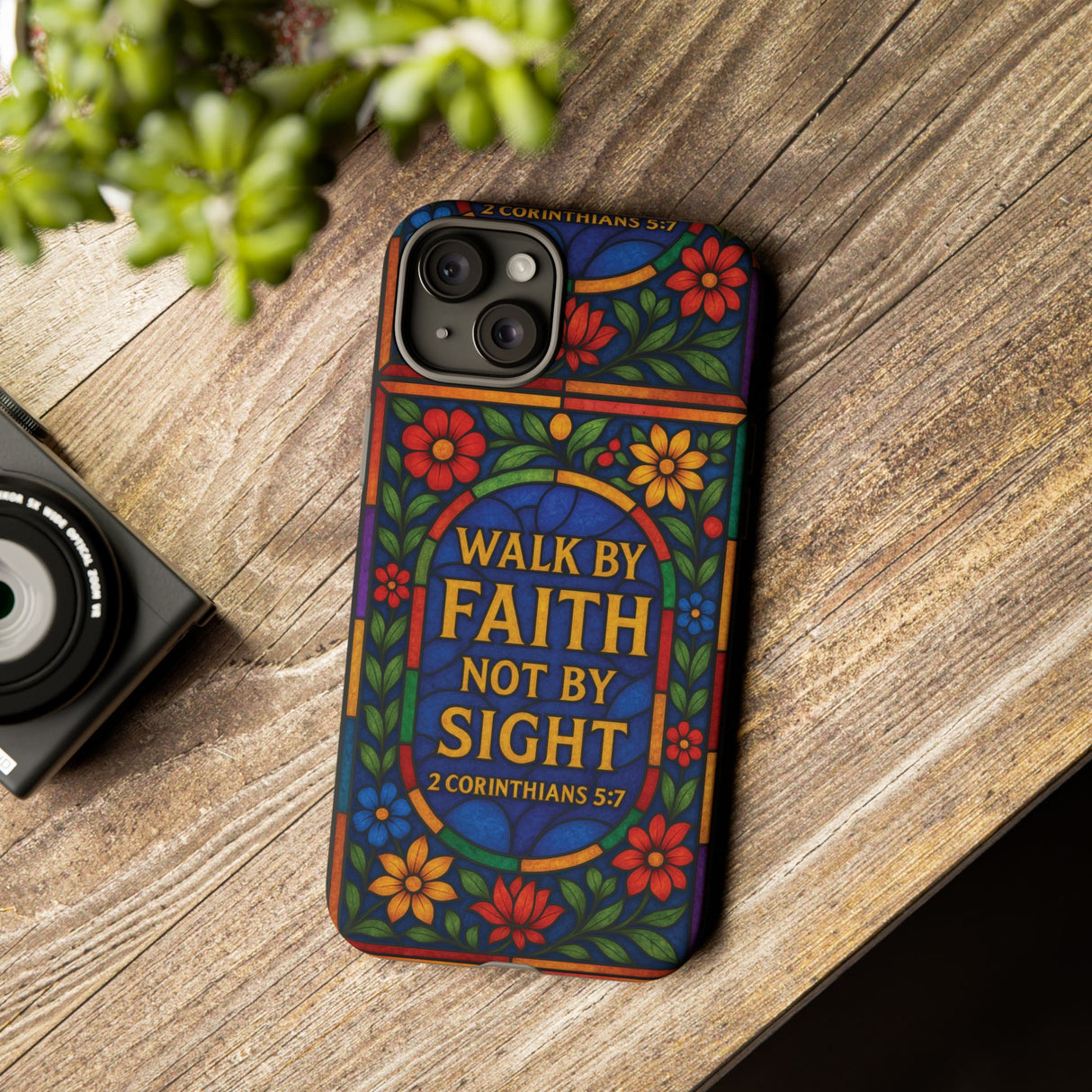 Walk by Faith Stain Glass Illusion Everywhere Christian Tough Phone Case with Bible Verse or Affirmation  Protective, Inspirational Gift for Christians