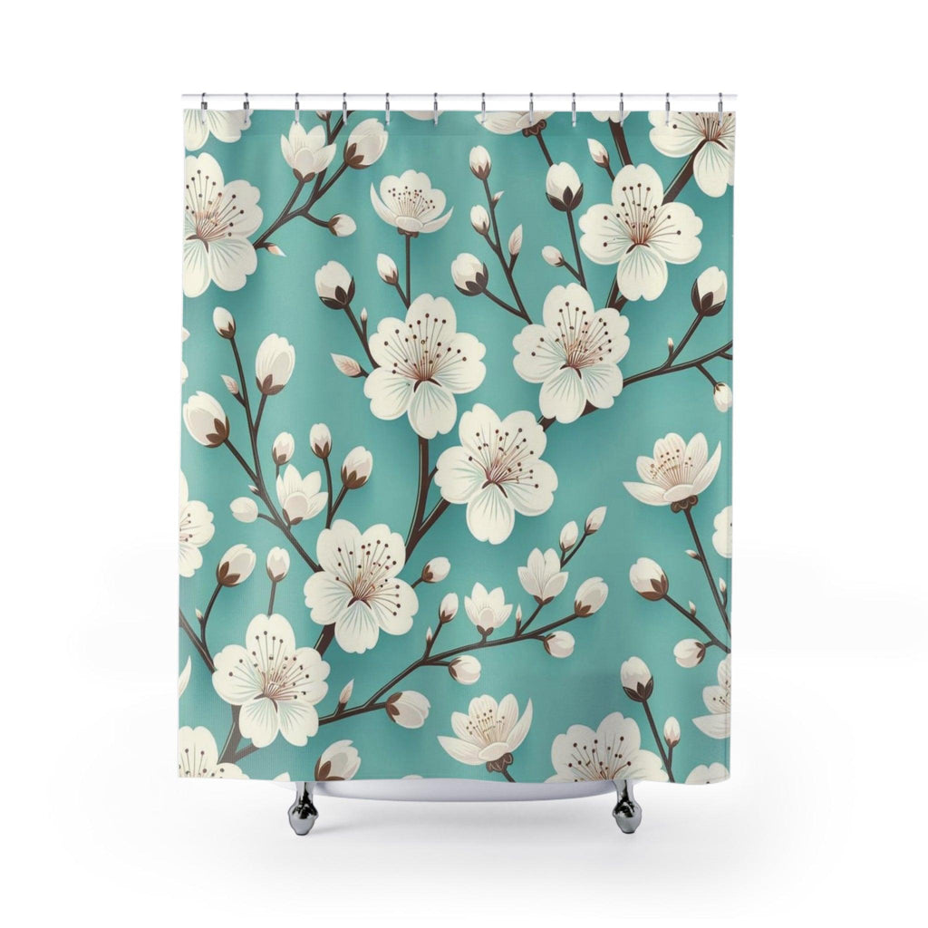 New House White Cherry Blossom Turquoise Shower Curtain Elegant, Seamless Design for Modern Bathroom Decor | Perfect Home Update Functionality for Your Bathroom Decor 71x74 Bathroom Housewarming New House Gift Newlywed Wedding Gift - MRSBYVALLE