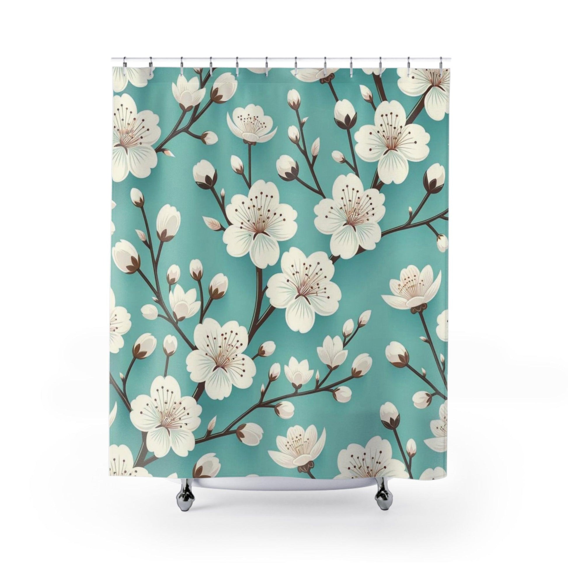 New House White Cherry Blossom Turquoise Shower Curtain Elegant, Seamless Design for Modern Bathroom Decor | Perfect Home Update Functionality for Your Bathroom Decor 71x74 Bathroom Housewarming New House Gift Newlywed Wedding Gift - MRSBYVALLE