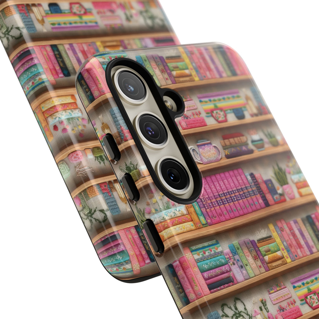 Whimsical 3D Embroidery Illusion Books on Pastel Shelves Phone Case for iPhone, Samsung & Pixel: Unique Accessory for Literary Enthusiasts Gift for Her Perfect for Floral Lover
