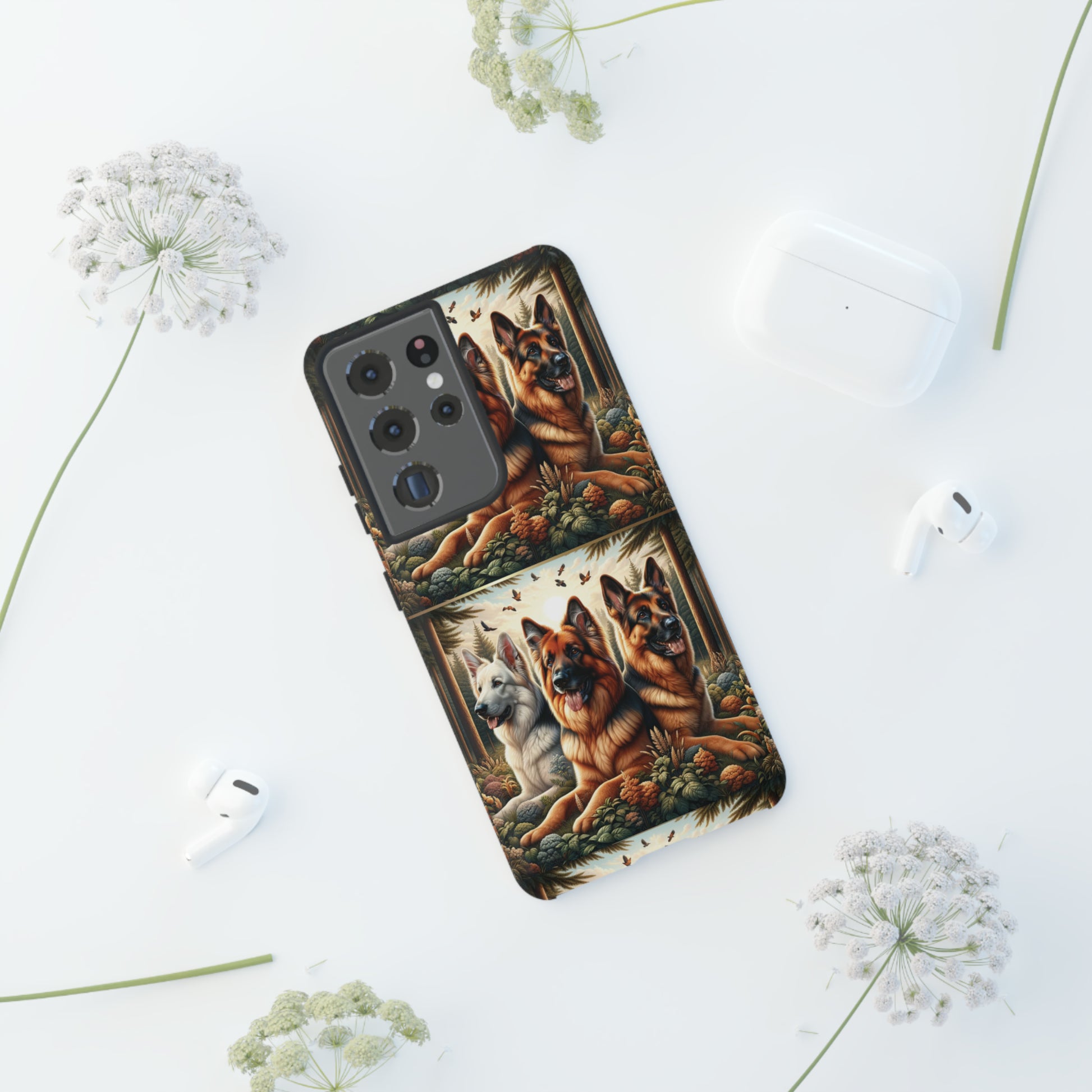 German Shepherd Phone Tough Case Floral Elegant Durable Dog Lover Devices iPhone 15, Samsung iPhone Samsung Accessory Gift for Her.