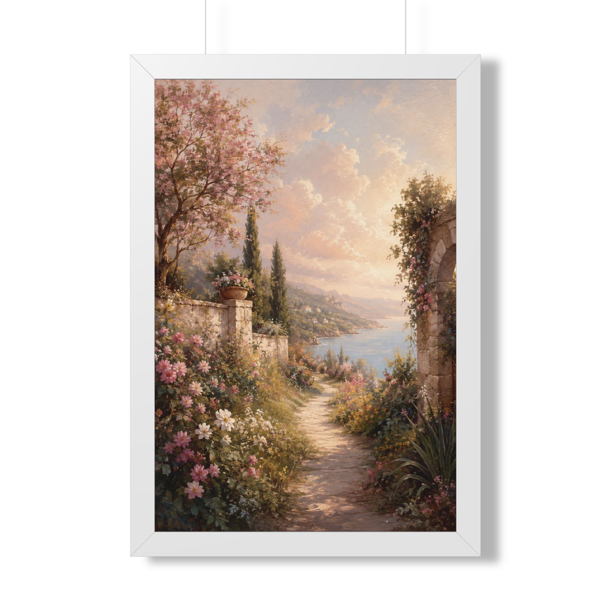 Mediterranean Garden Path Framed Vertical Poster | Coastal Landscape Wall Art