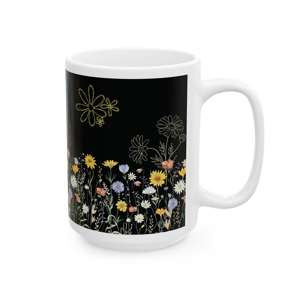 Tasse à café motif fleurs sauvages – 325 ml et 445 ml | Noire avec fleurs sauvages colorées, Tasse florale esthétique, Cadeau inspiré de la nature, Tasse compatible lave-vaisselle et micro-ondes pour maman
