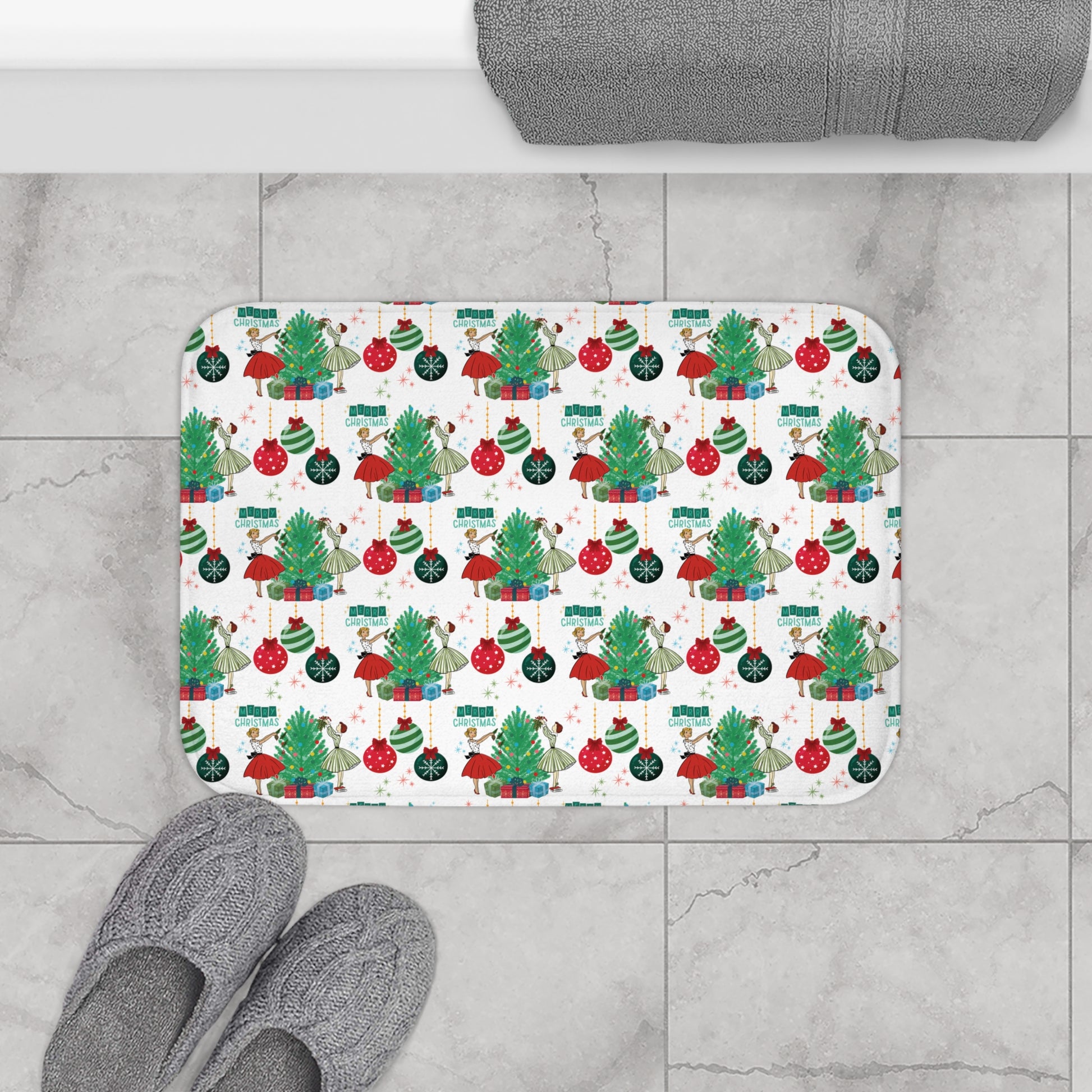 Retro Glam 50s Christmas Bath Mat  Vintage Holiday Bathroom Decor, Mid Century Xmas Style, Festive Retro Floor Mat New House