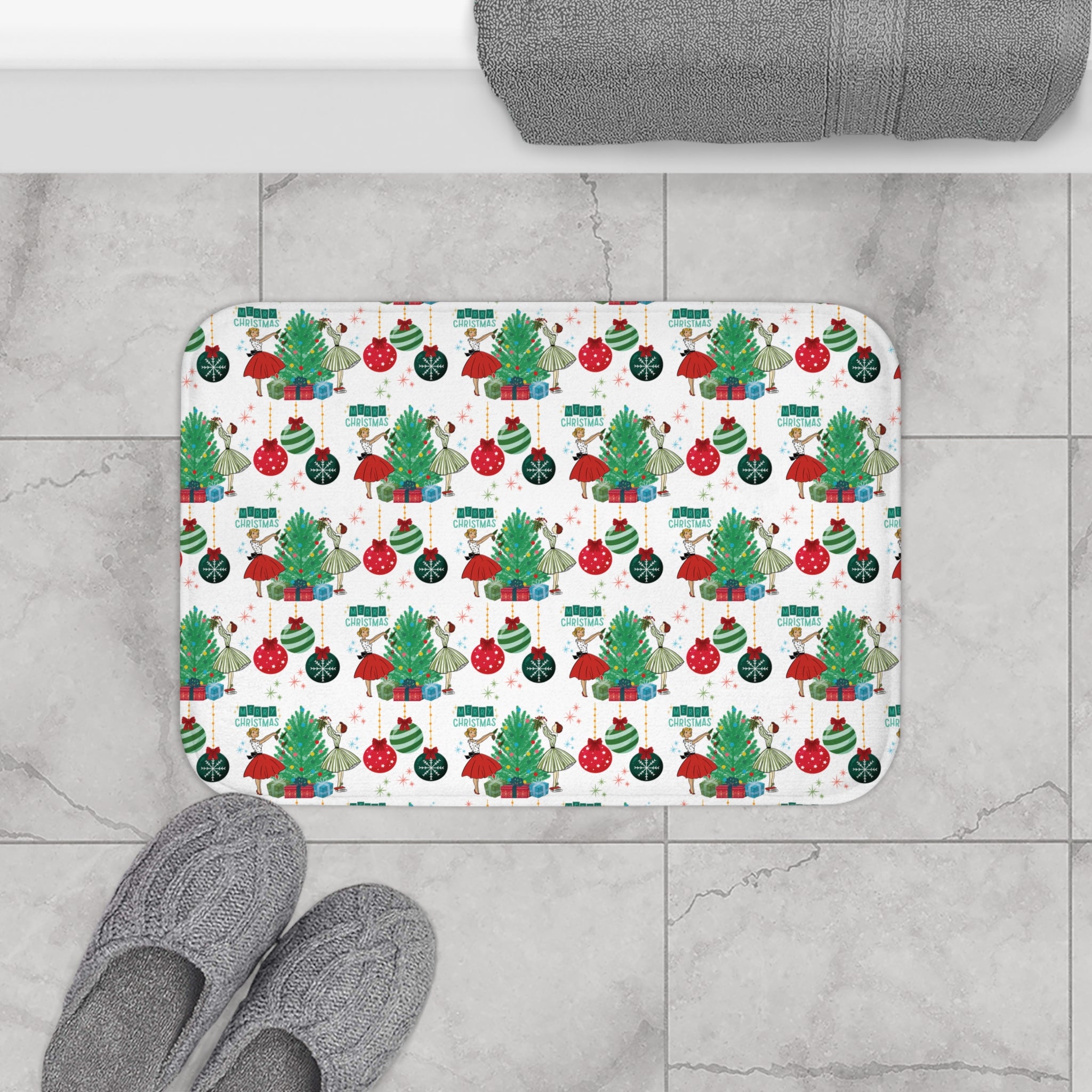 Retro Glam 50s Christmas Bath Mat  Vintage Holiday Bathroom Decor, Mid Century Xmas Style, Festive Retro Floor Mat New House