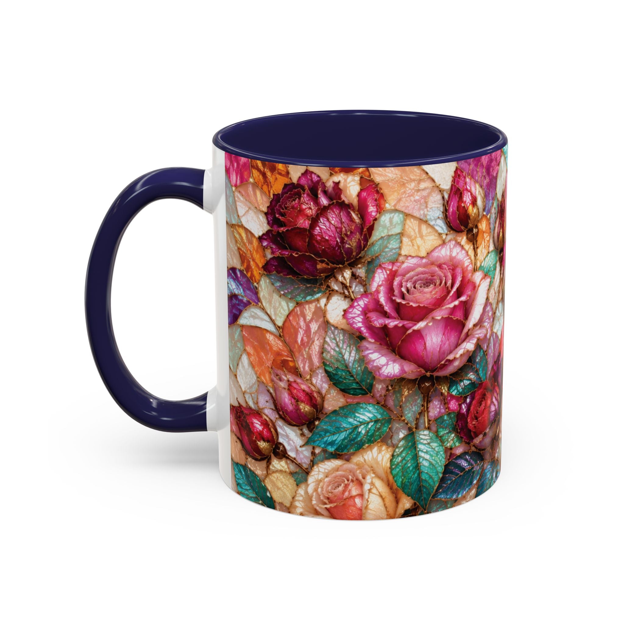 Floral Stained-Glass Accent Coffee Mug Colorful Rose Pattern (11/15 oz) Gift for Her