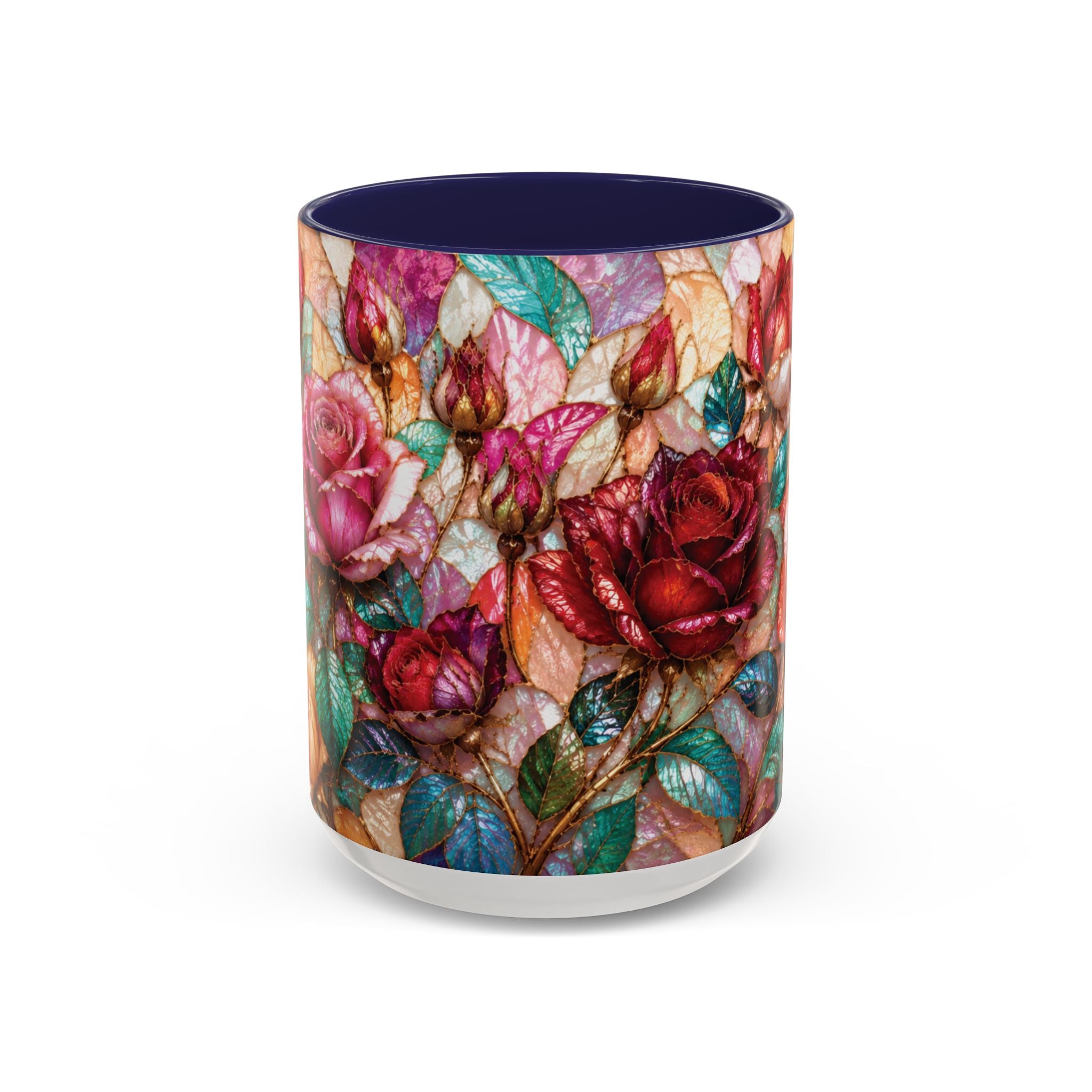 Floral Stained-Glass Accent Coffee Mug Colorful Rose Pattern (11/15 oz) Gift for Her