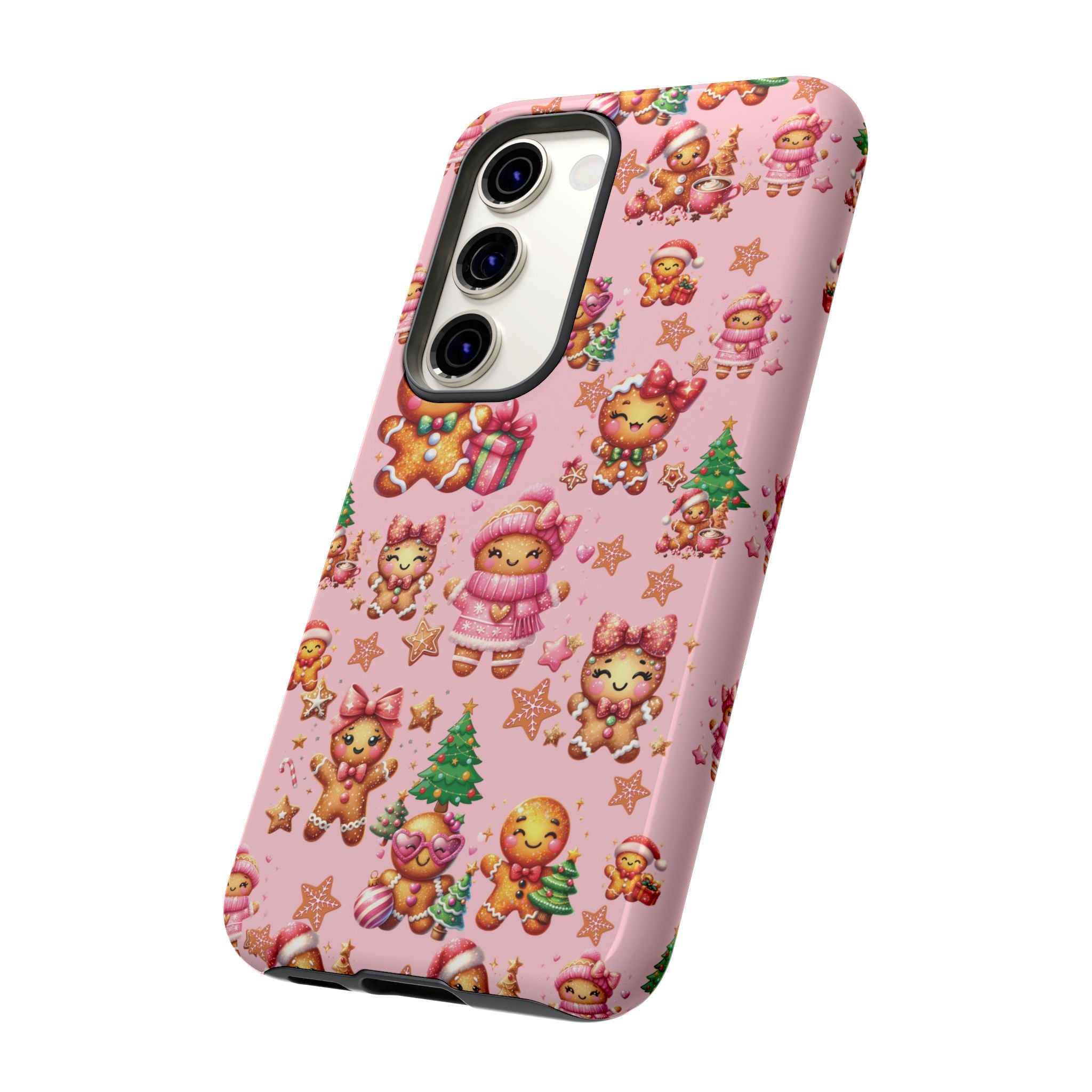 Coque de téléphone en forme de petite fille pain d'épices rose adorable, ambiance girly pour les fêtes, esthétique douce de Noël, idée cadeau mignonne et festive pour elle, housse de protection amusante