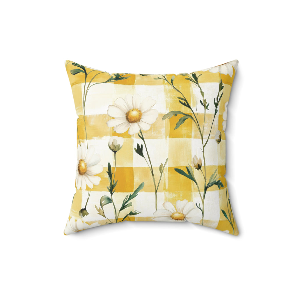 Pastel Yellow Daisy Checker Pillow — Spring Floral Decorative Pillow