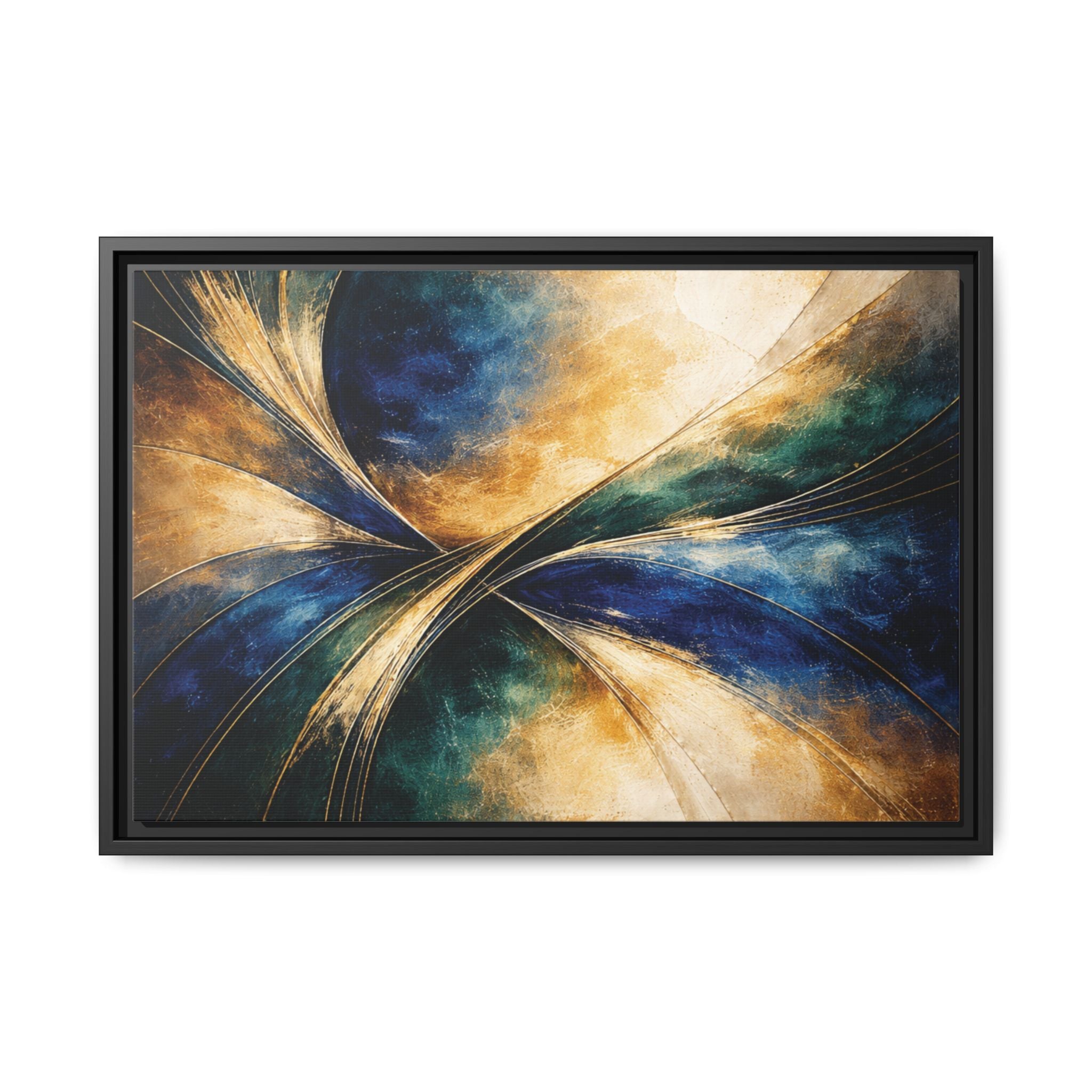 Gilded Convergence  Luxe NeoDeco Blue & Gold Abstract Wall Art Framed