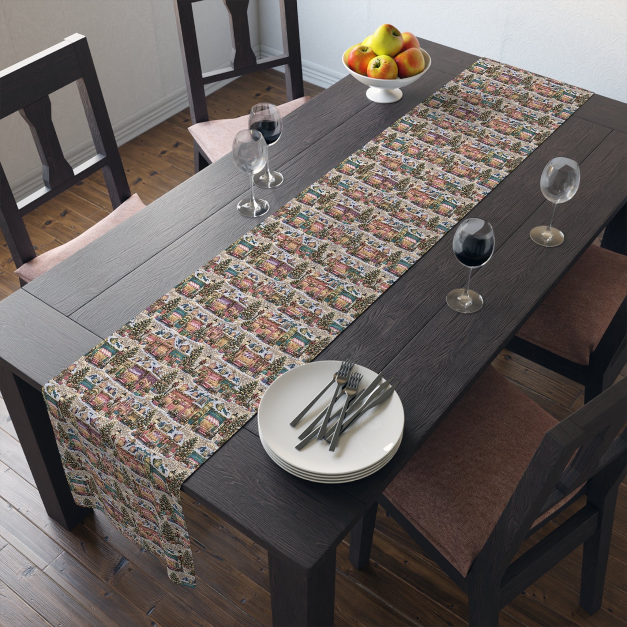 Vintage Christmas Village Table Runner Holiday Perfect Runner Village Scene Cottage