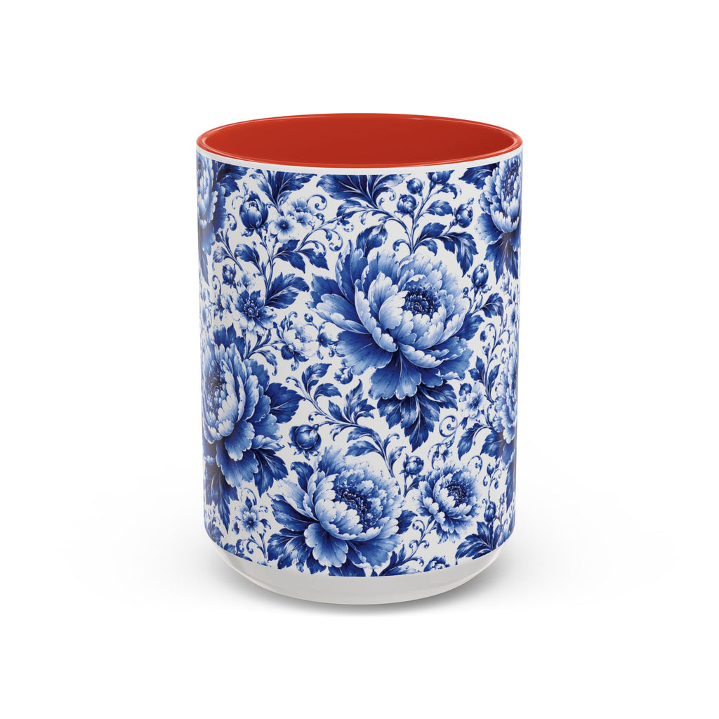 Blue Floral Ceramic Coffee Mug — Vintage Delft Peony Accent (11oz & 15oz) Blue & White Chinoiserie Tea Mug