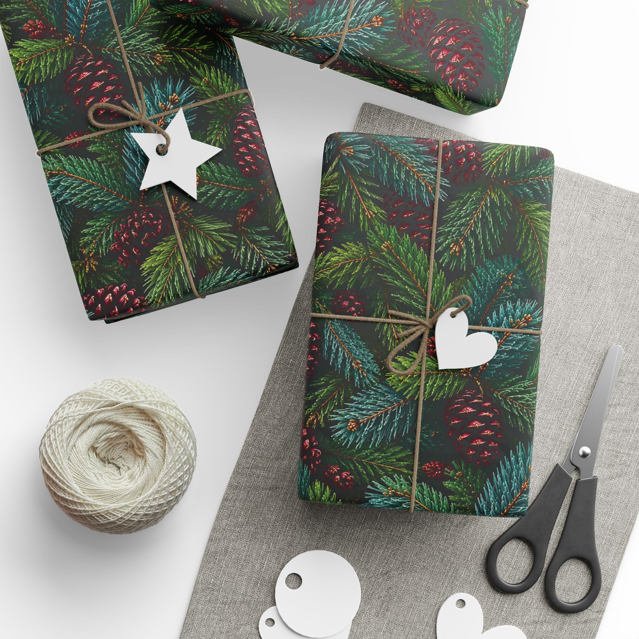 Vintage Colorado Spruce Gift Wrap Evergreen Pine & Burgundy Pinecone Christmas Wrapping Paper