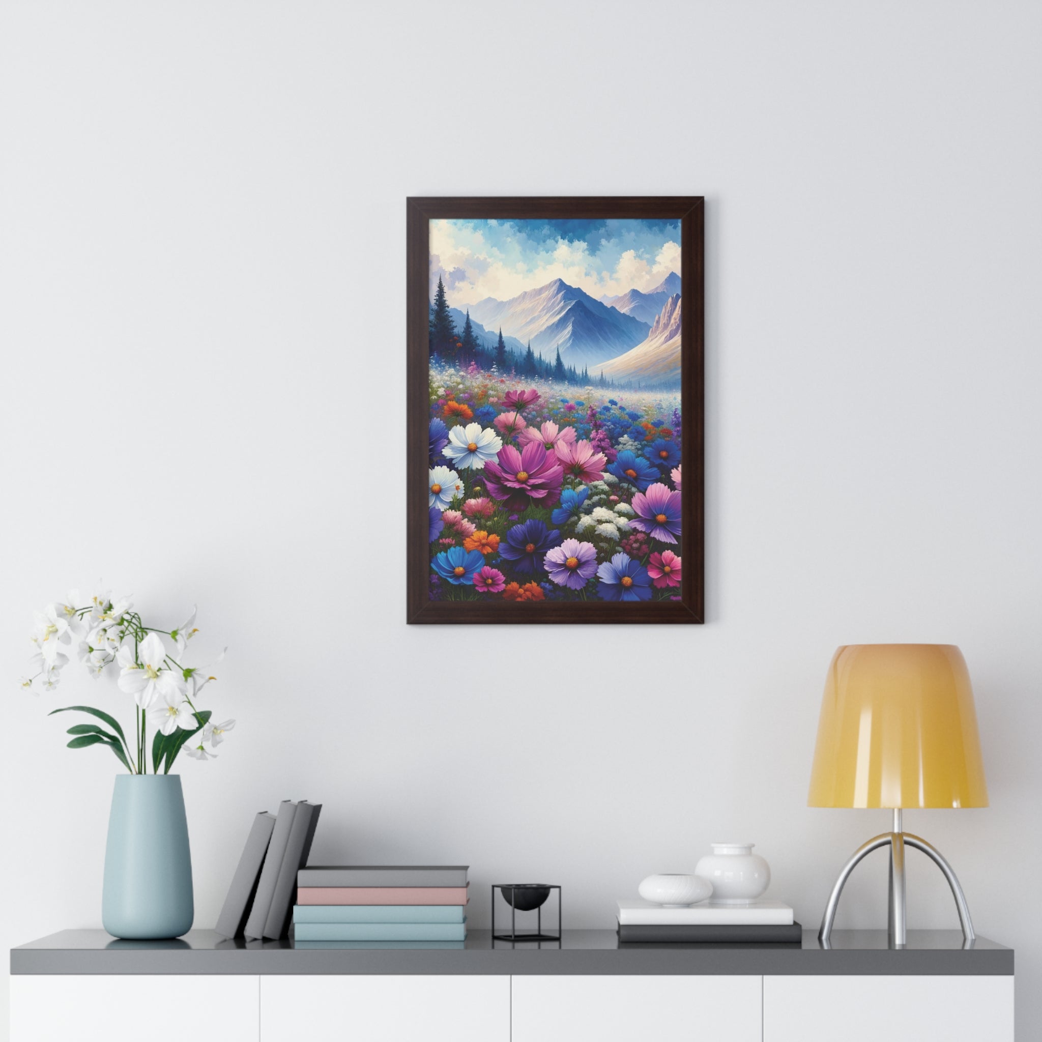 Wall Art Beautiful Wildflowers and Mountains Wildflower Art Watercolor Floral Framed Canvas Print Wall Art  Classic Encased in Black, White, or Walnut Frames with Durable Acrylic Protection Ready to Hang  Timelessly Crafted..