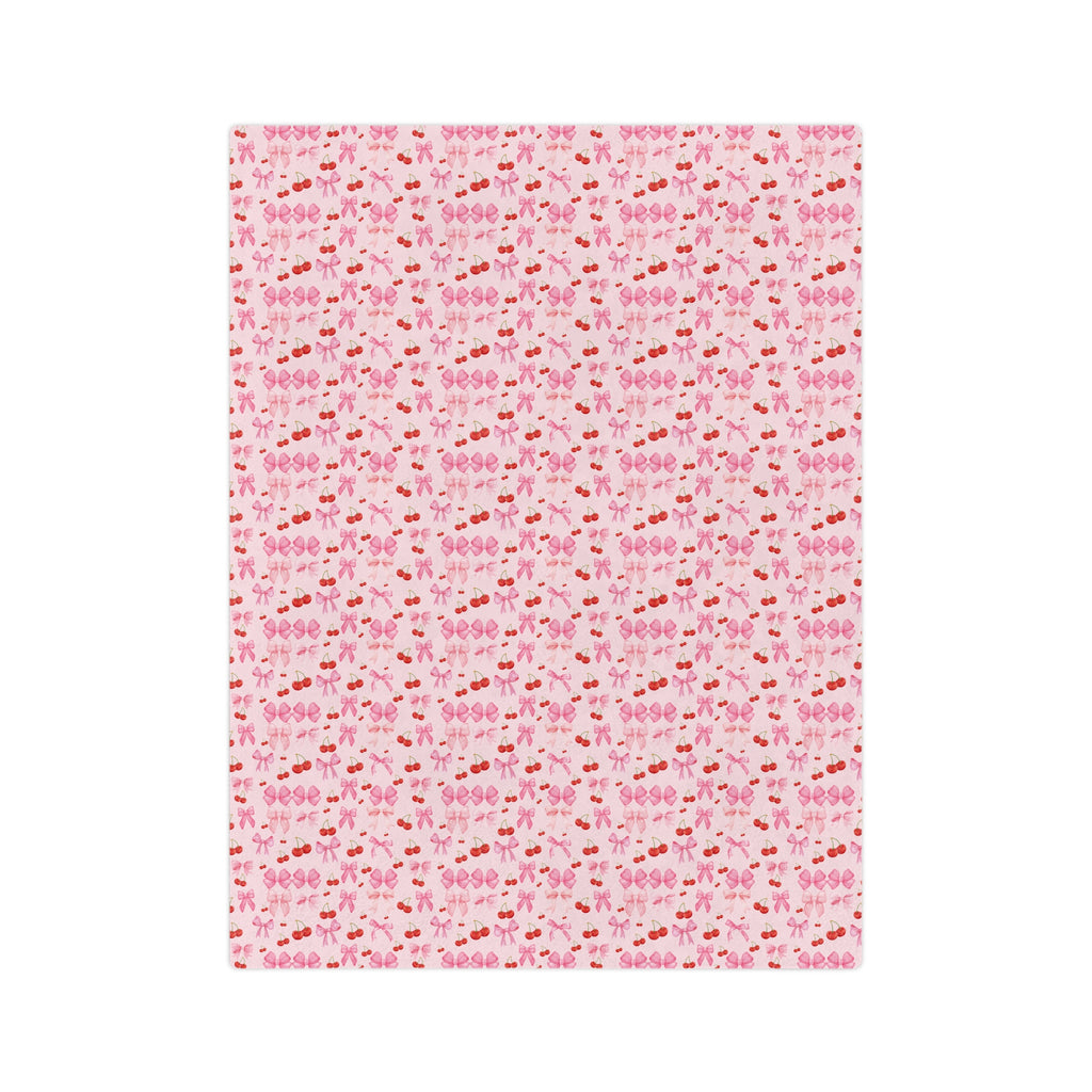 Minky Blanket Coquette Cherry Ribbon Bows Design in Luxurious 100% Polyester Cozy Comfort Throw Ultra-Soft Microfiber Comfort Blanket, Perfect for Snuggling Decor, Cozy All-Season Warmth, Comfort Housewarming Gift Throw.
