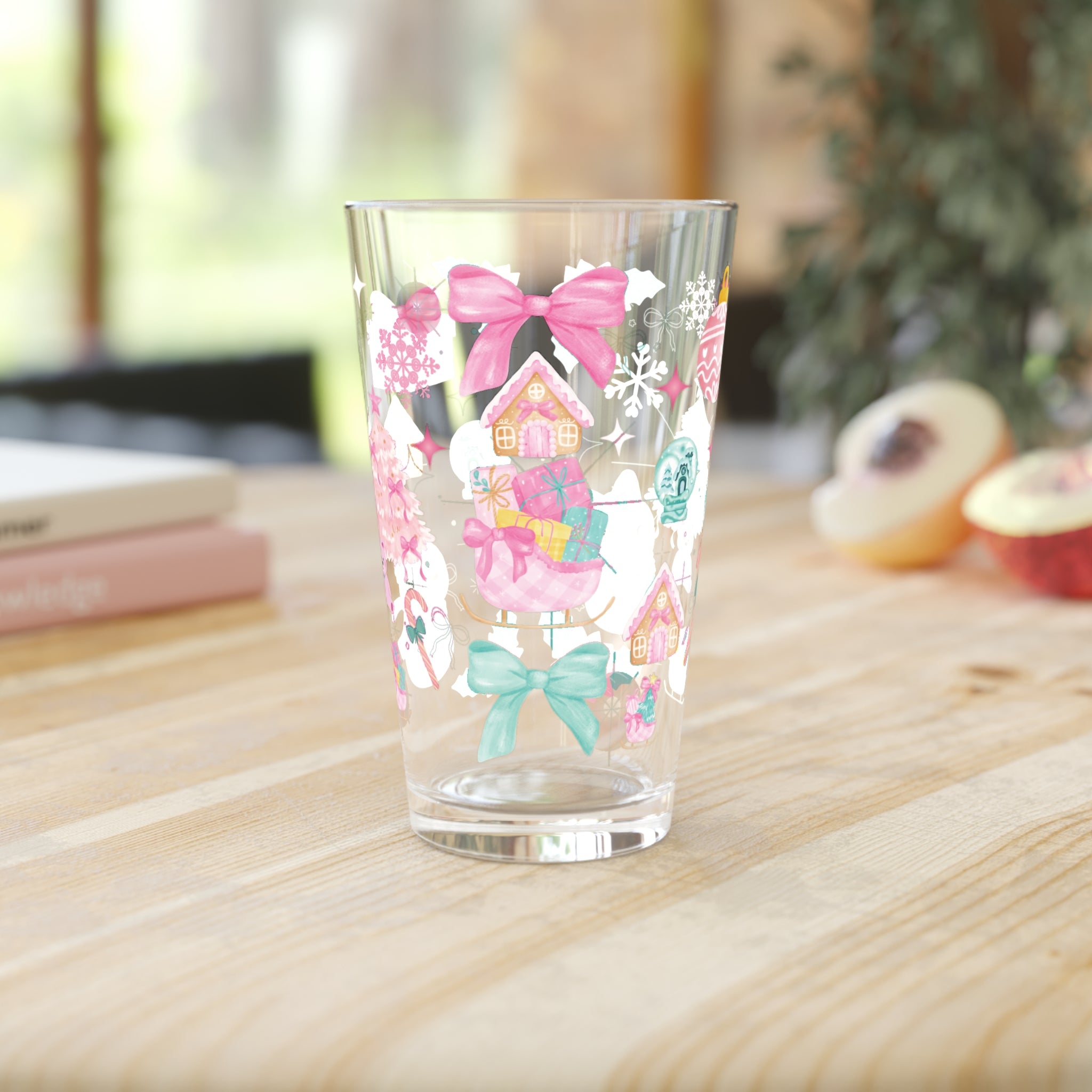 Pink and Turquoise Christmas 16oz Glass  Glam Holiday Drinkware for Cocktails, Iced Coffee, or Cocoa with Stylish Festive Perfect Gift for Her
