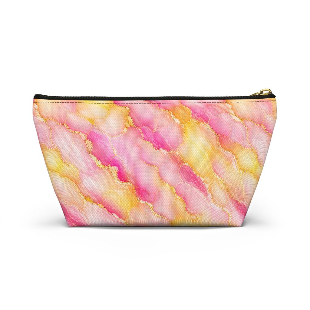 Trousse de Maquillage en Marbre Aquarelle Rose et Or – Sac à Accessoires à Fond Plat