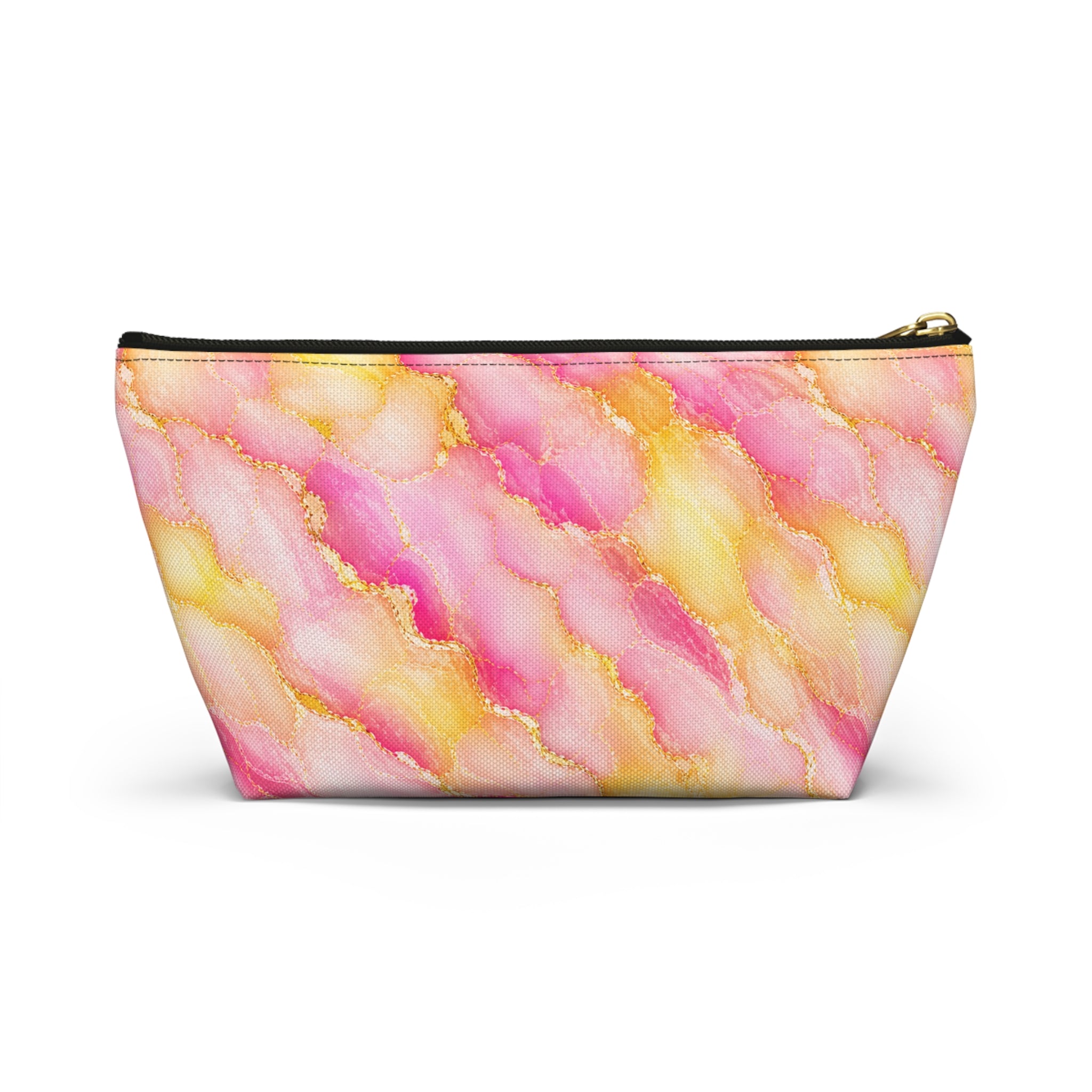 Trousse de Maquillage en Marbre Aquarelle Rose et Or – Sac à Accessoires à Fond Plat