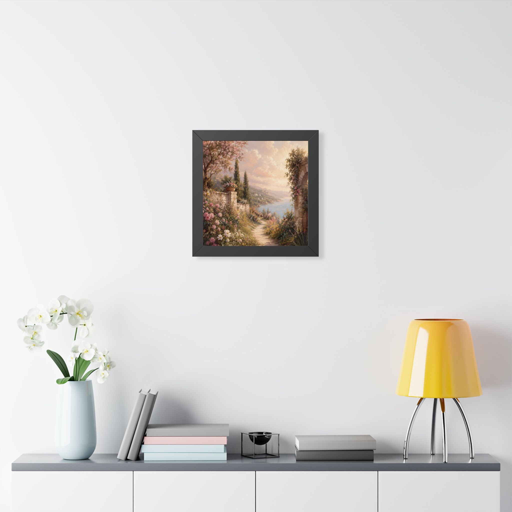Mediterranean Garden Path Framed Vertical Poster | Coastal Landscape Wall Art