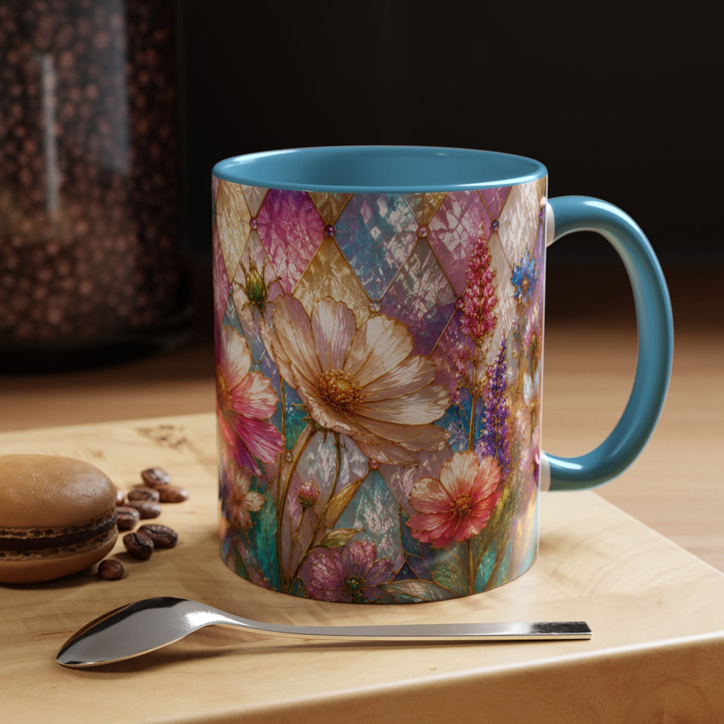 Floral Mosaic Accent Coffee Mug — Colorful Garden Flowers 11/15oz Stain Glass Illusion