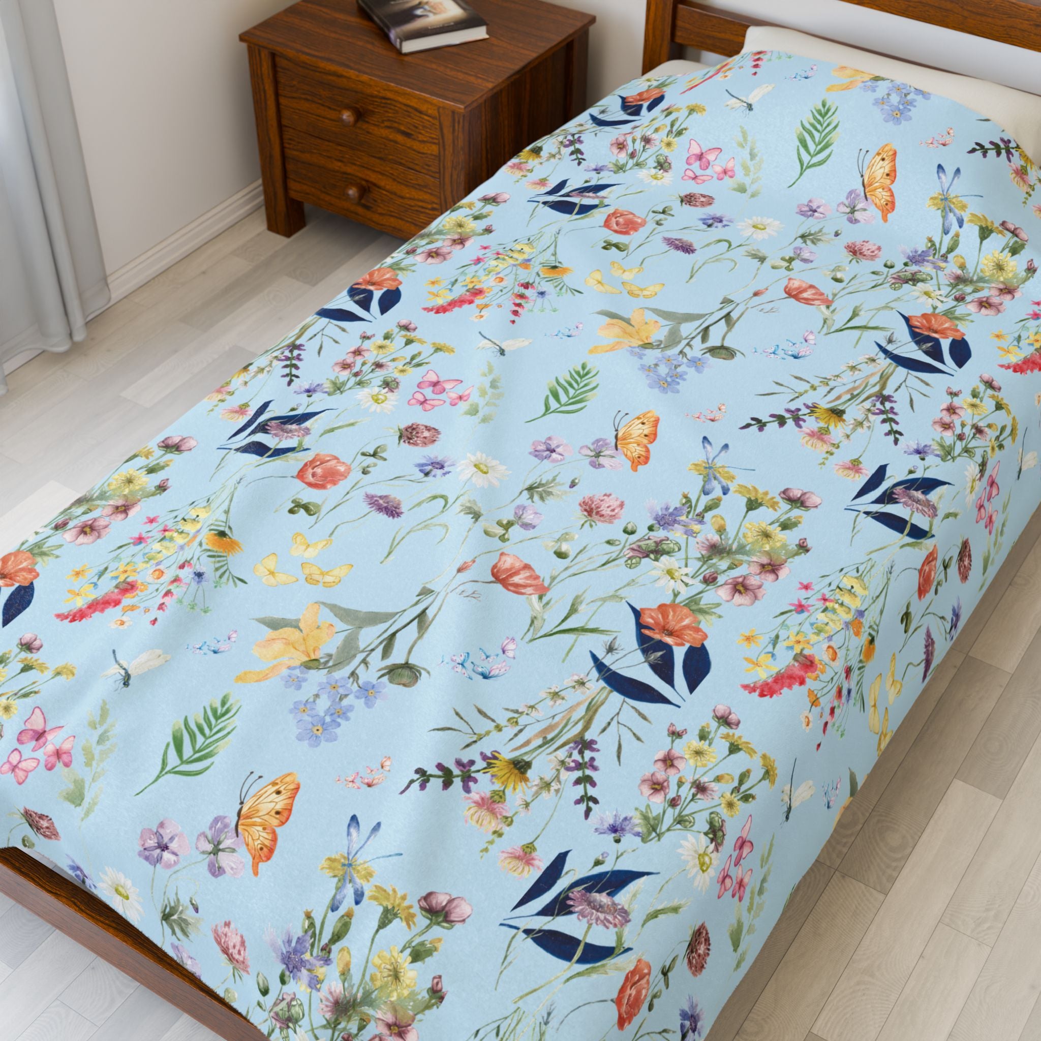 Icy Blue Watercolor Wildflowers Minky Velveteen Plush Blanket