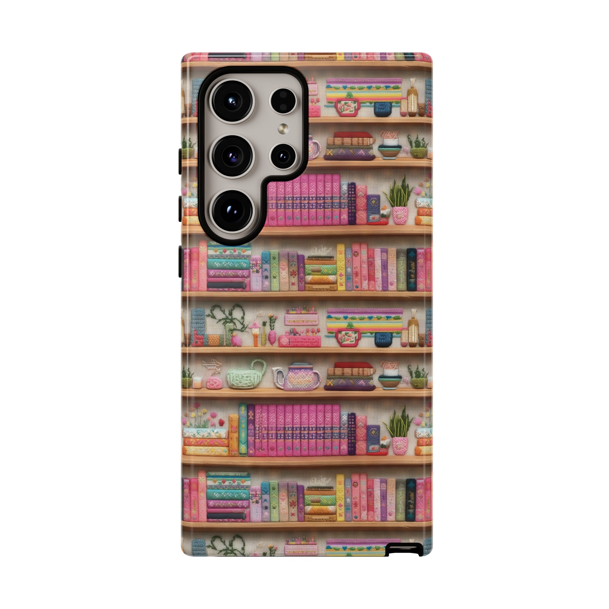Phone Case 3D Illusion Books & Shelf Embroidery Design with Vibrant Colors Gift for Her Phone 15, Samsung iPhone Samsung Gift for Her Case iPhone 15, Samsung iPhone Samsung Accessory Gift for Her.
