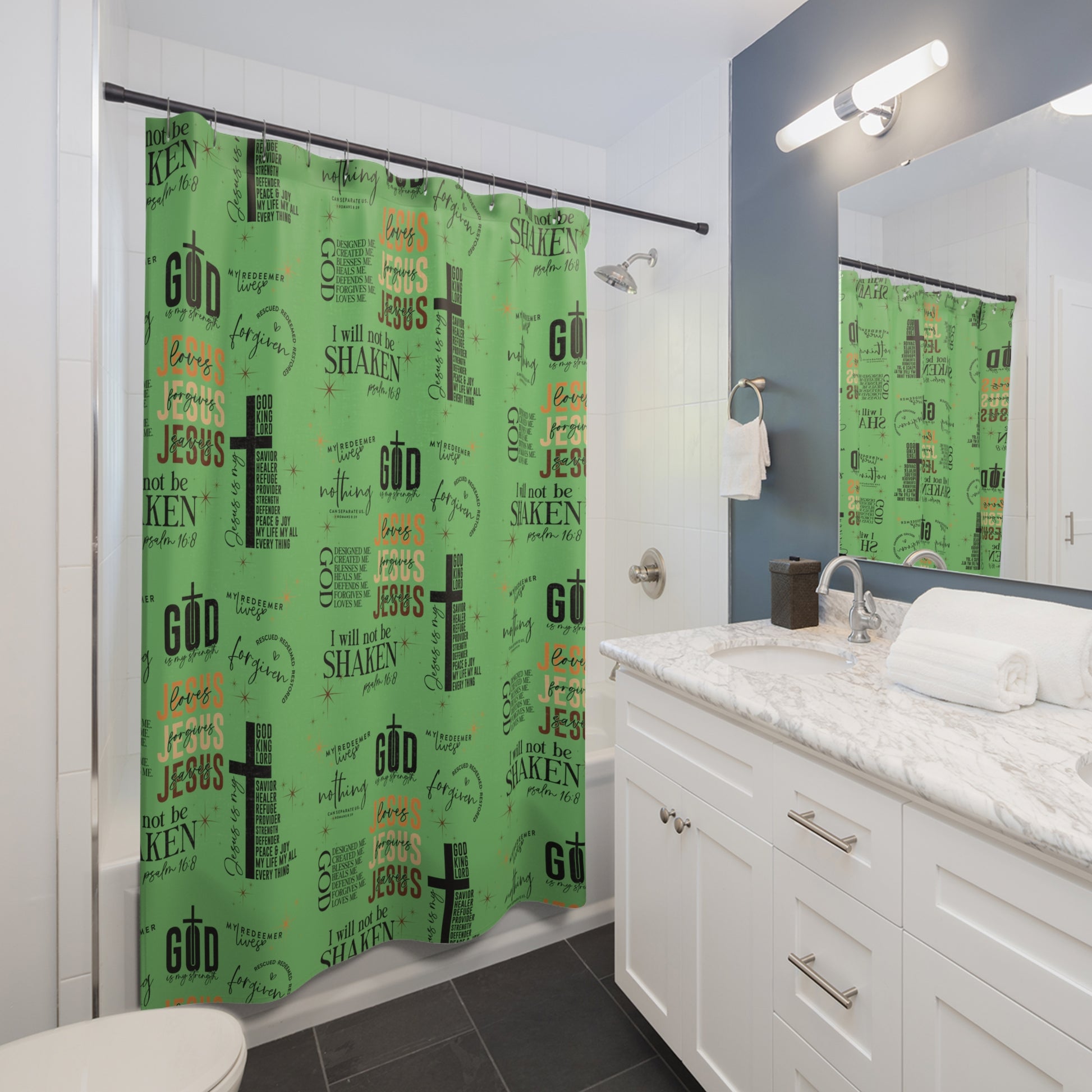 Jesus Quotes All-Over Scripture Shower Curtain Christian Bathroom Decor, Bible Verses, Inspirational Faith Words, Waterproof, Machine Washable Style Hooks Not Included
