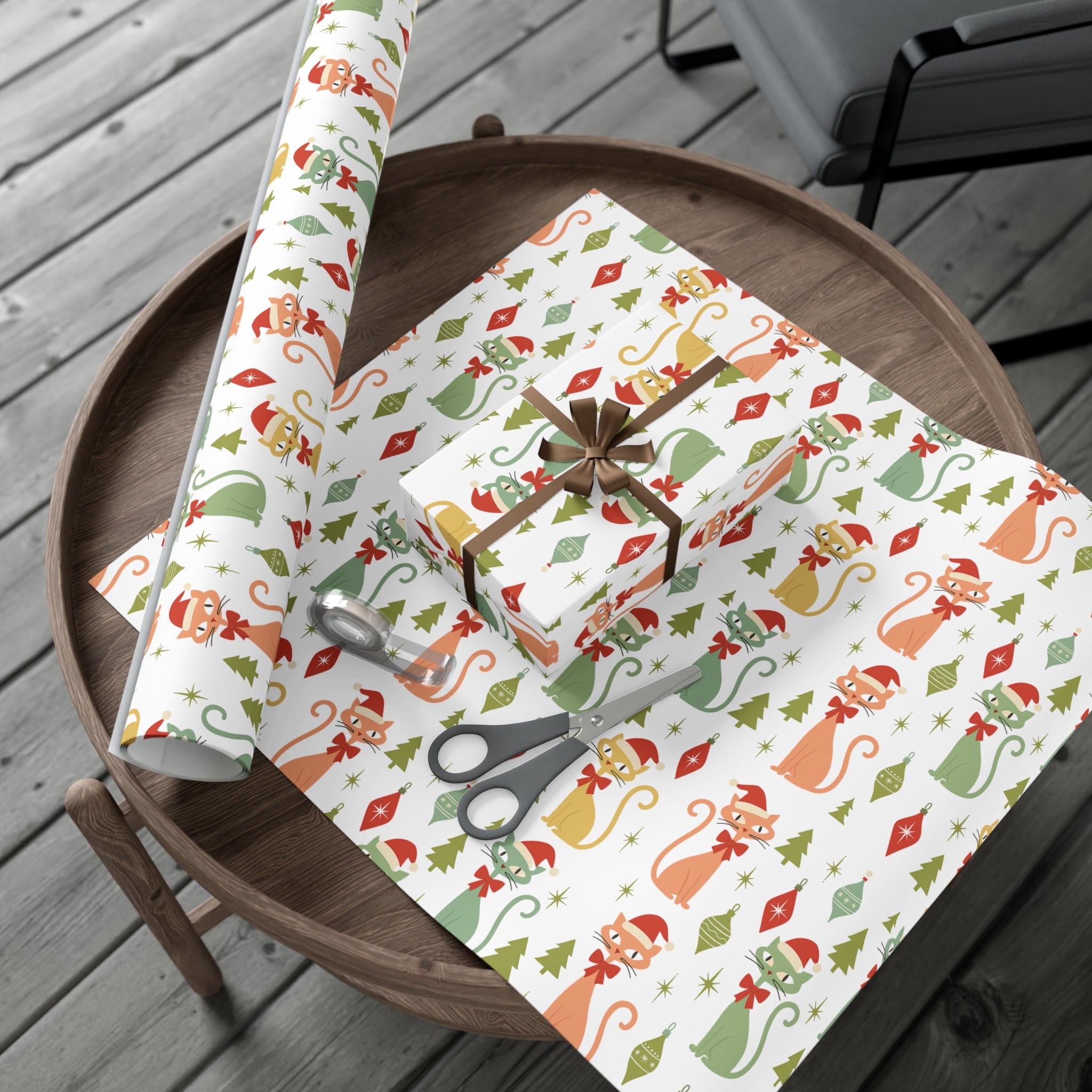 Papier Cadeau Chat Atomique Noël, Papier Cadeau Rétro, Motif Chatons Pastel Milieu de Siècle, Fêtes Vintage 30x20, 30x72, 30x144 Parfait pour toutes les Occasions